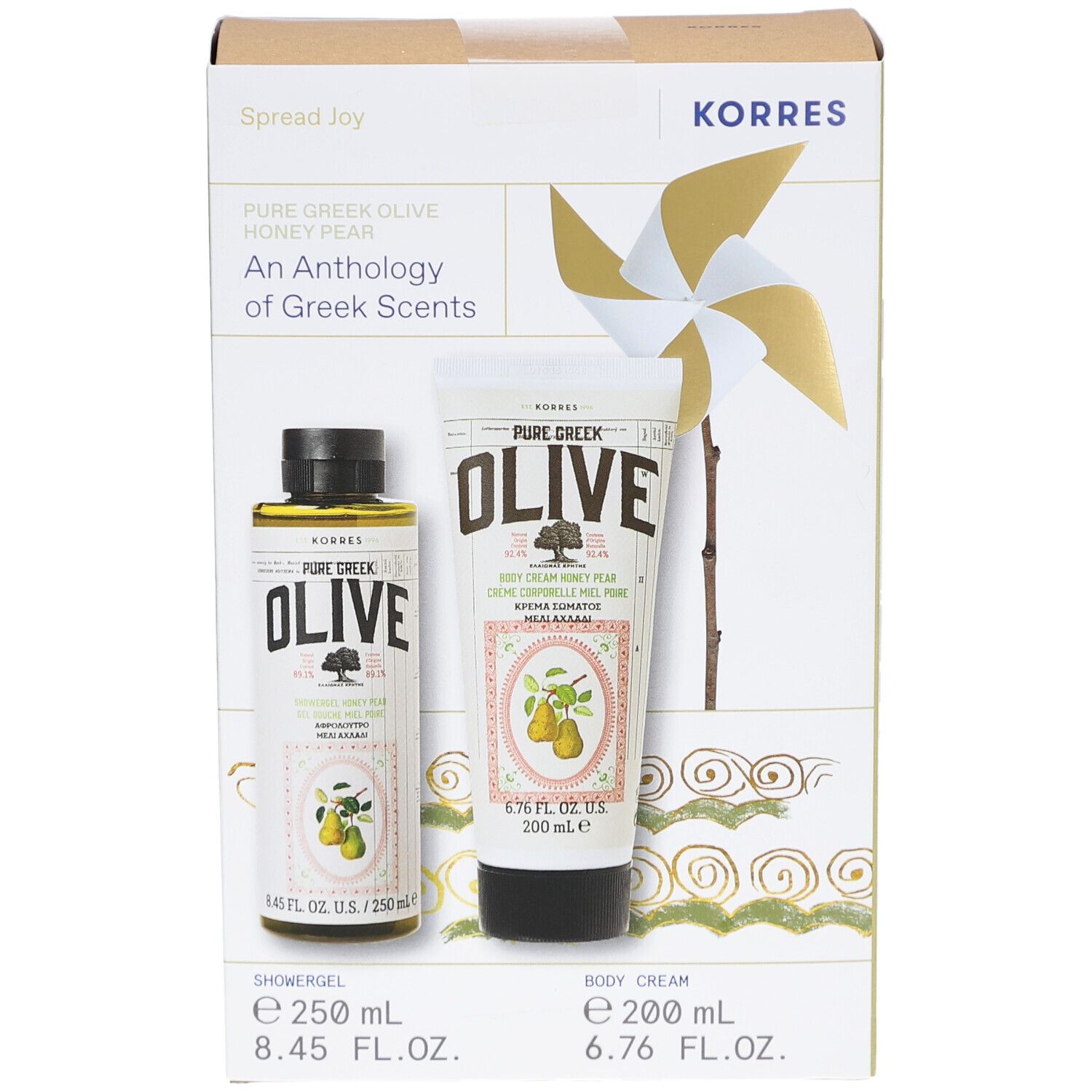 Coffret cadeau avec gel douche et crème pour le corps. Les deux produits portent l'étiquette "Pure Greek Olive".