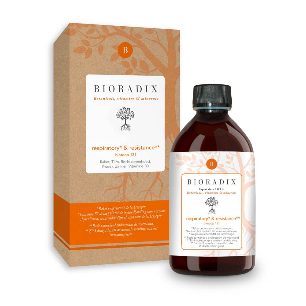 Bouteille Bioradix Respiratory & Resistance à côté de l'emballage cartonné ouvert.