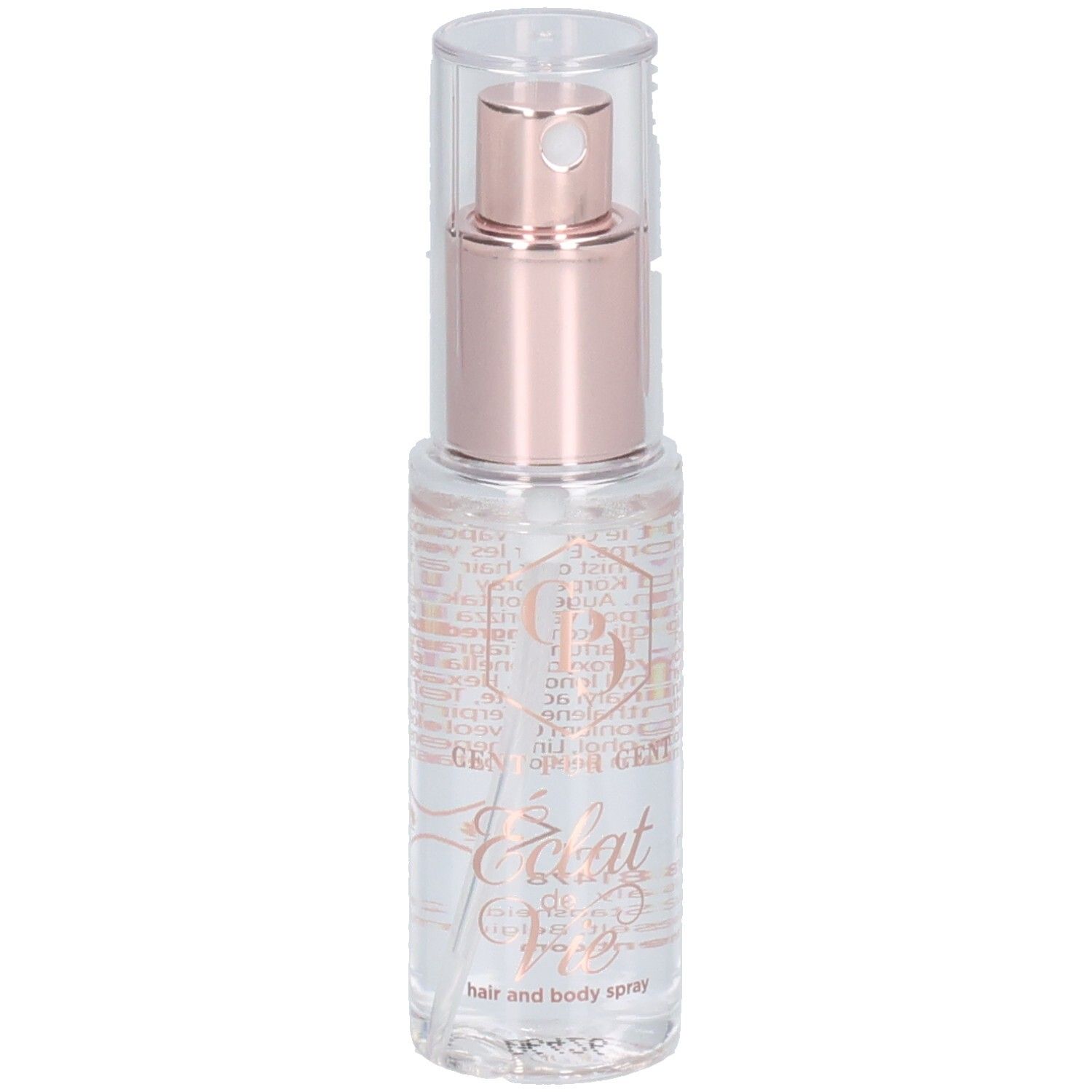 Spray pour cheveux Cent Pur Cent avec applicateur or rose et capuchon transparent.