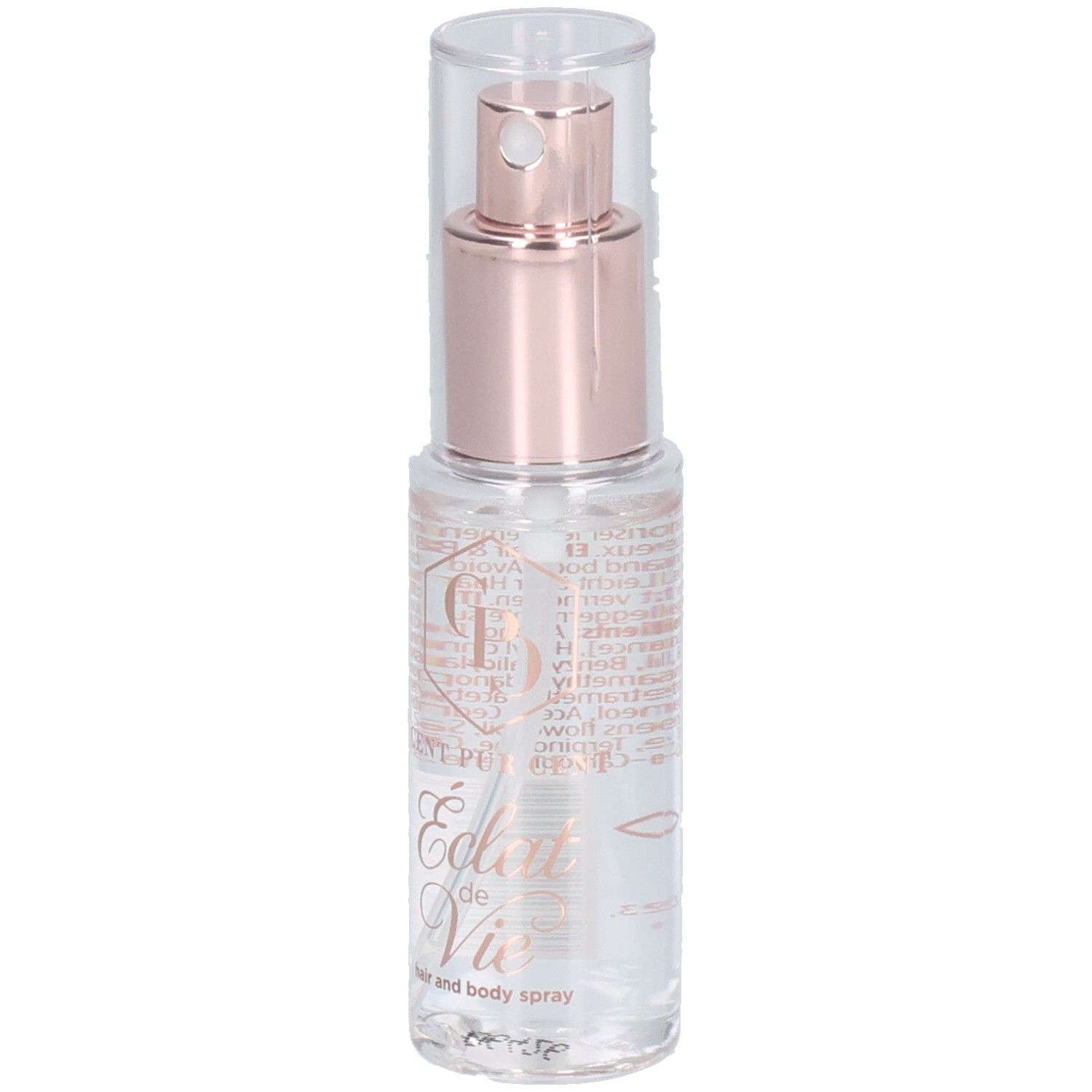 Spray pour cheveux Cent Pur Cent avec applicateur or rose et capuchon transparent.