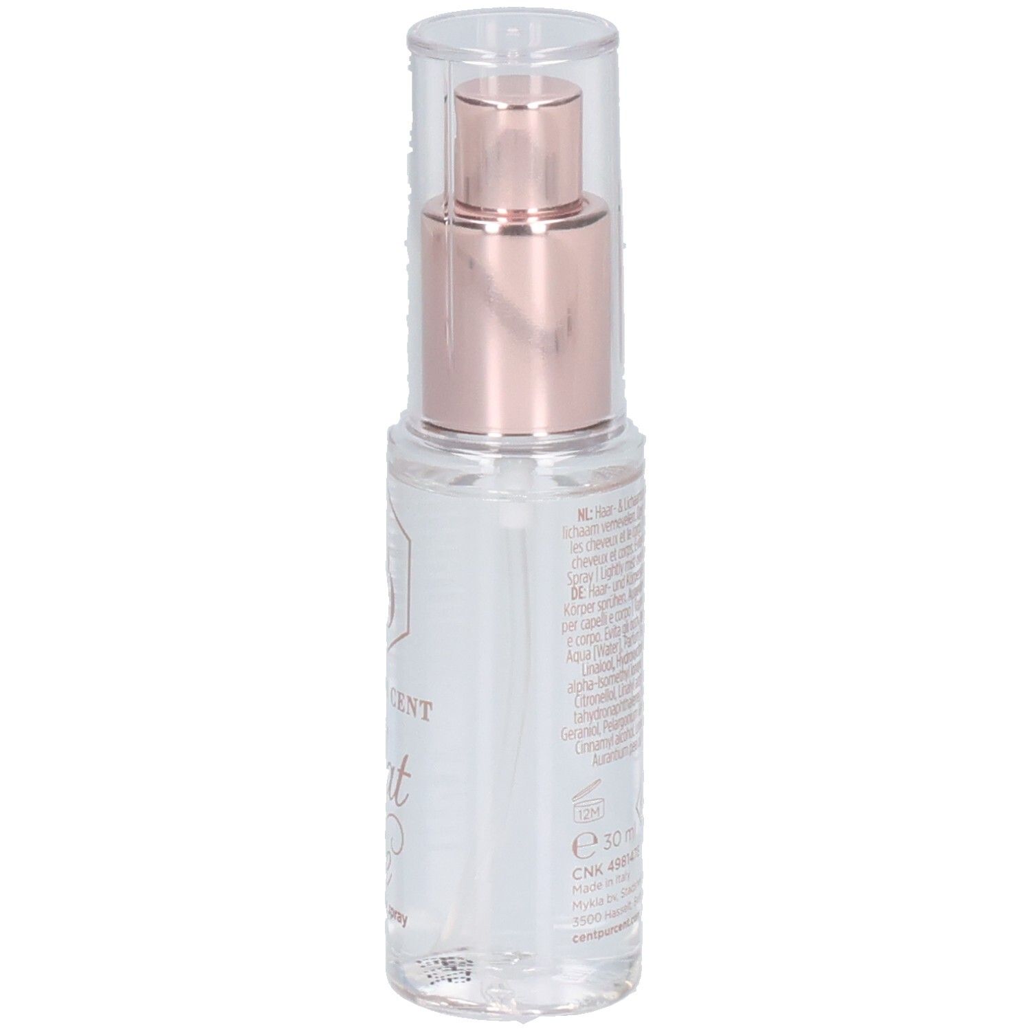 Spray pour cheveux Cent Pur Cent, dos avec étiquette et liste des ingrédients.