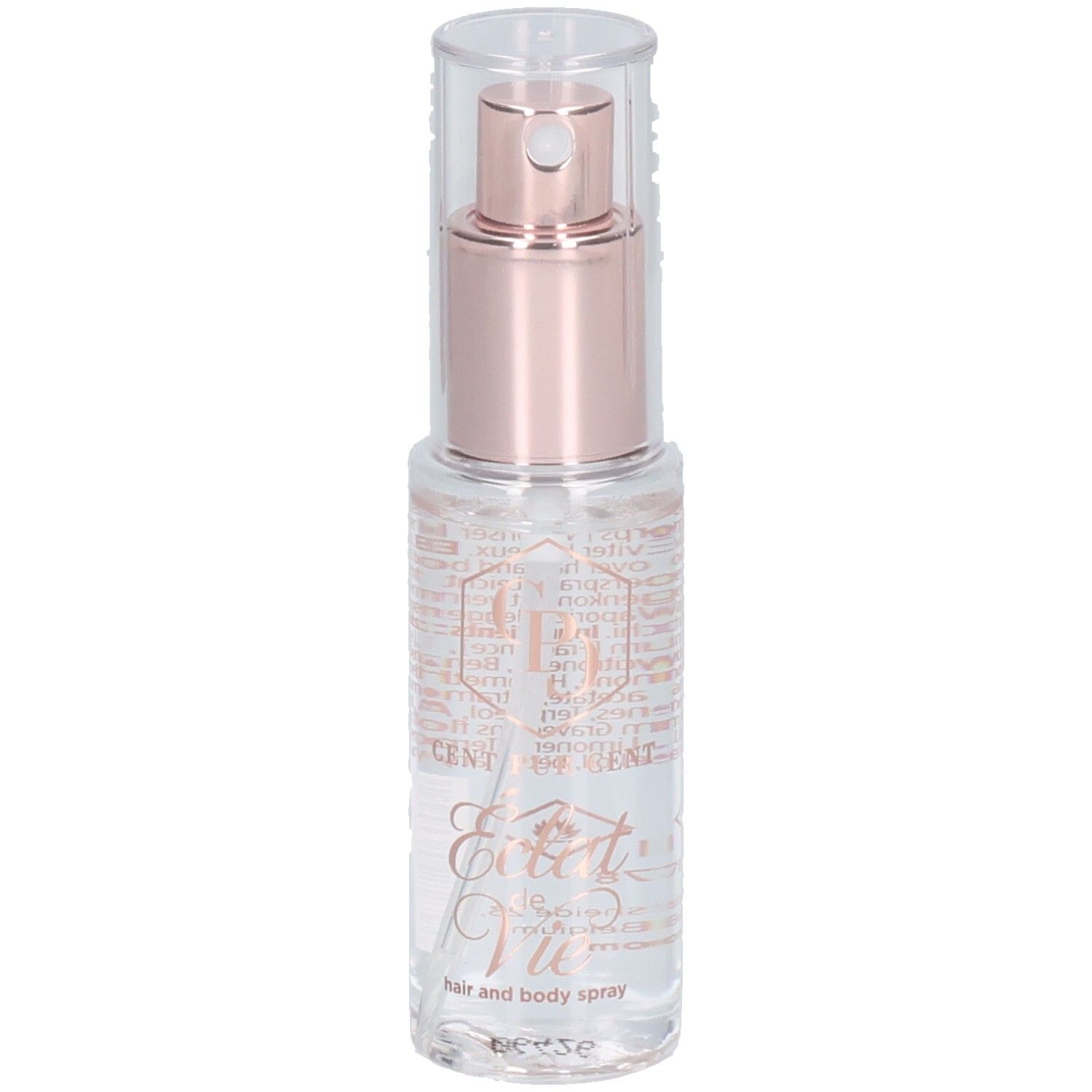 Spray pour cheveux Cent Pur Cent avec applicateur or rose et capuchon transparent.
