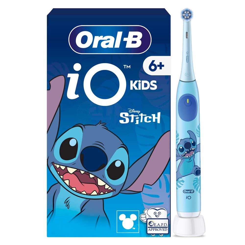 Brosse à dents et emballage. Oral-B iO Kids Disney Stitch. Brosse bleue et emballage avec Stitch.