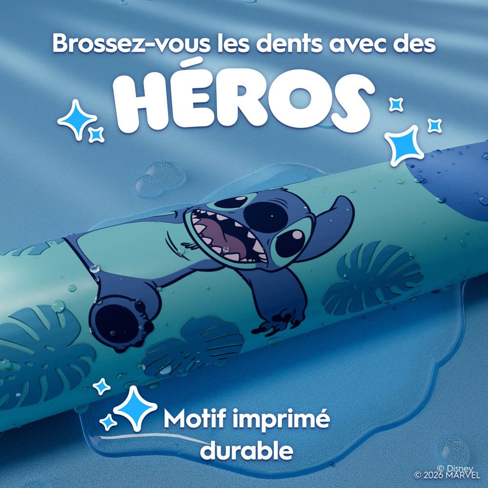 Brosse à dents avec design Stitch. Texte : Brossez-vous les dents avec des héros. Design durable.