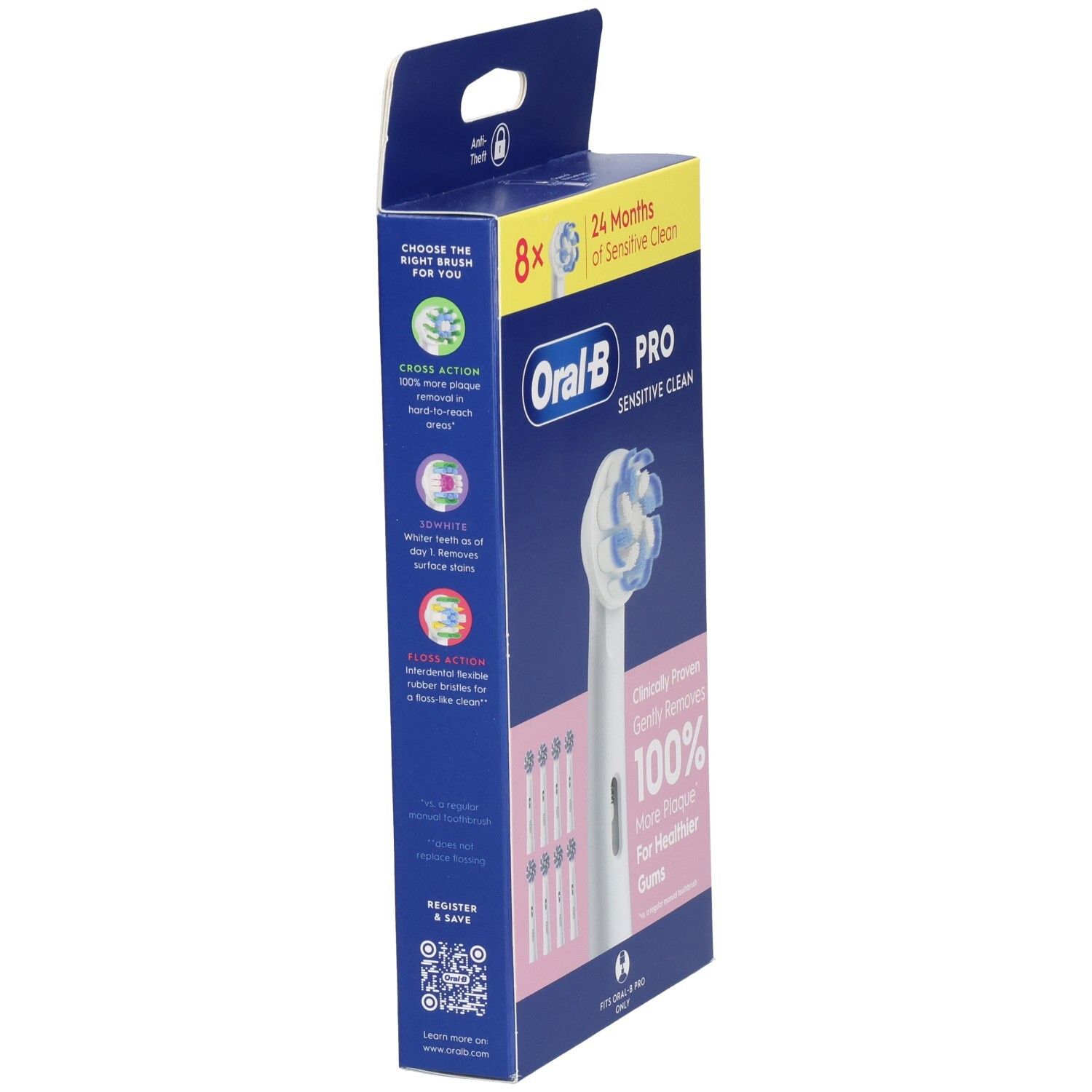 Vue latérale de la boîte de 8 têtes de brosse. Oral-B Pro Sensitive Clean. Soies bleues et blanches.