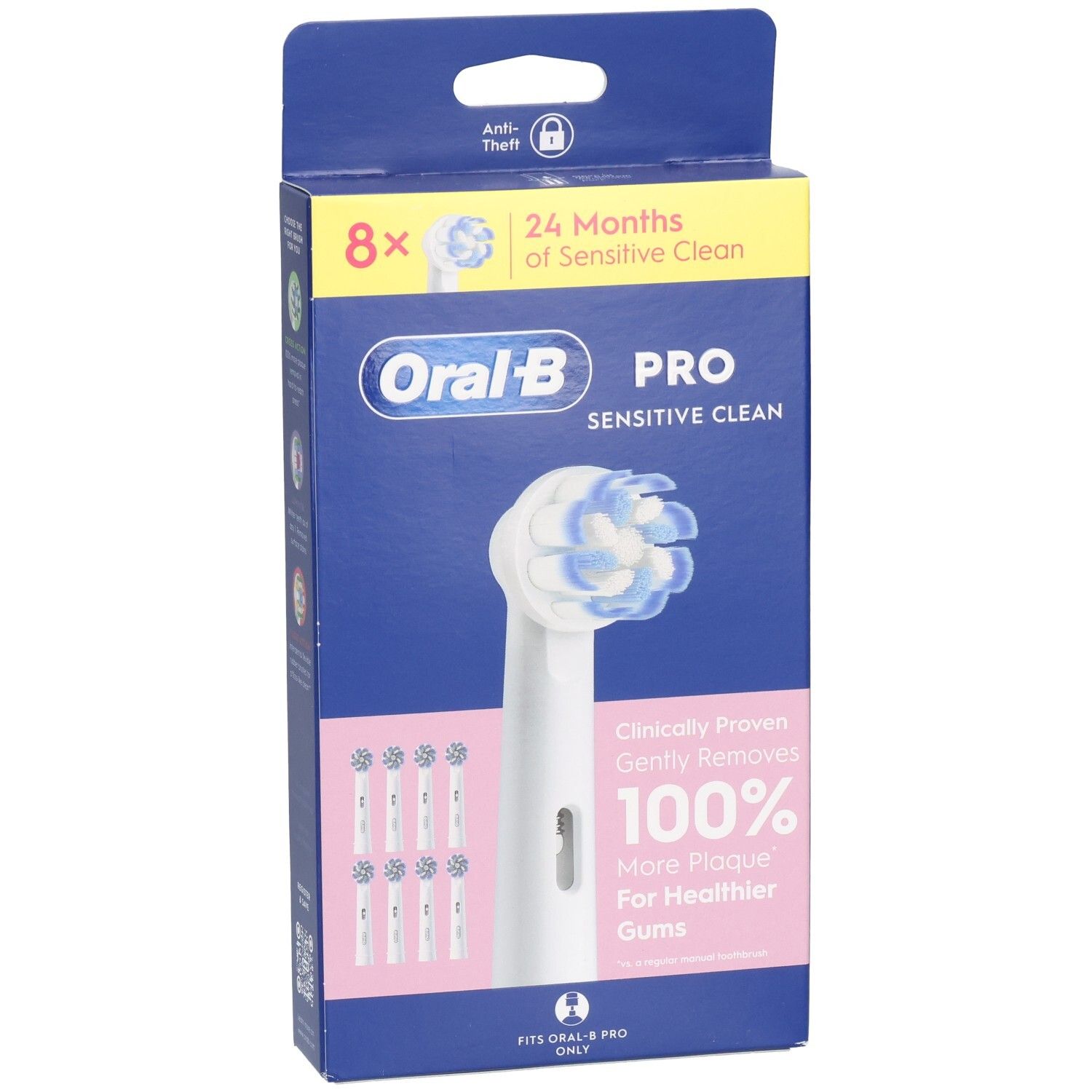Boîte de 8 têtes de brosse. Oral-B Pro Sensitive Clean. Soies bleues et blanches. Accents roses et jaunes.