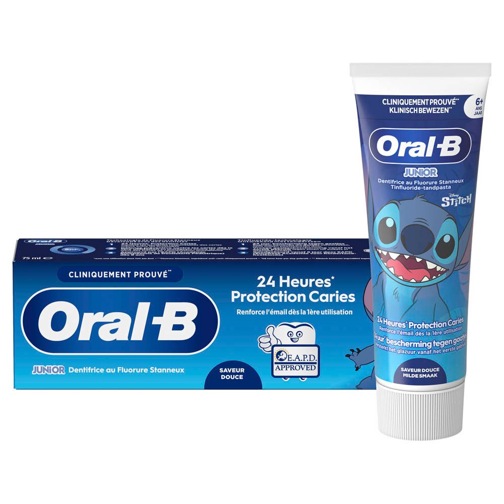 Tube et boîte de dentifrice. Oral-B Junior, design Stitch. Emballage bleu.