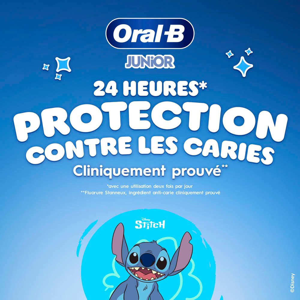 Fond bleu avec texte. Oral-B Junior, protection contre les caries. Stitch.