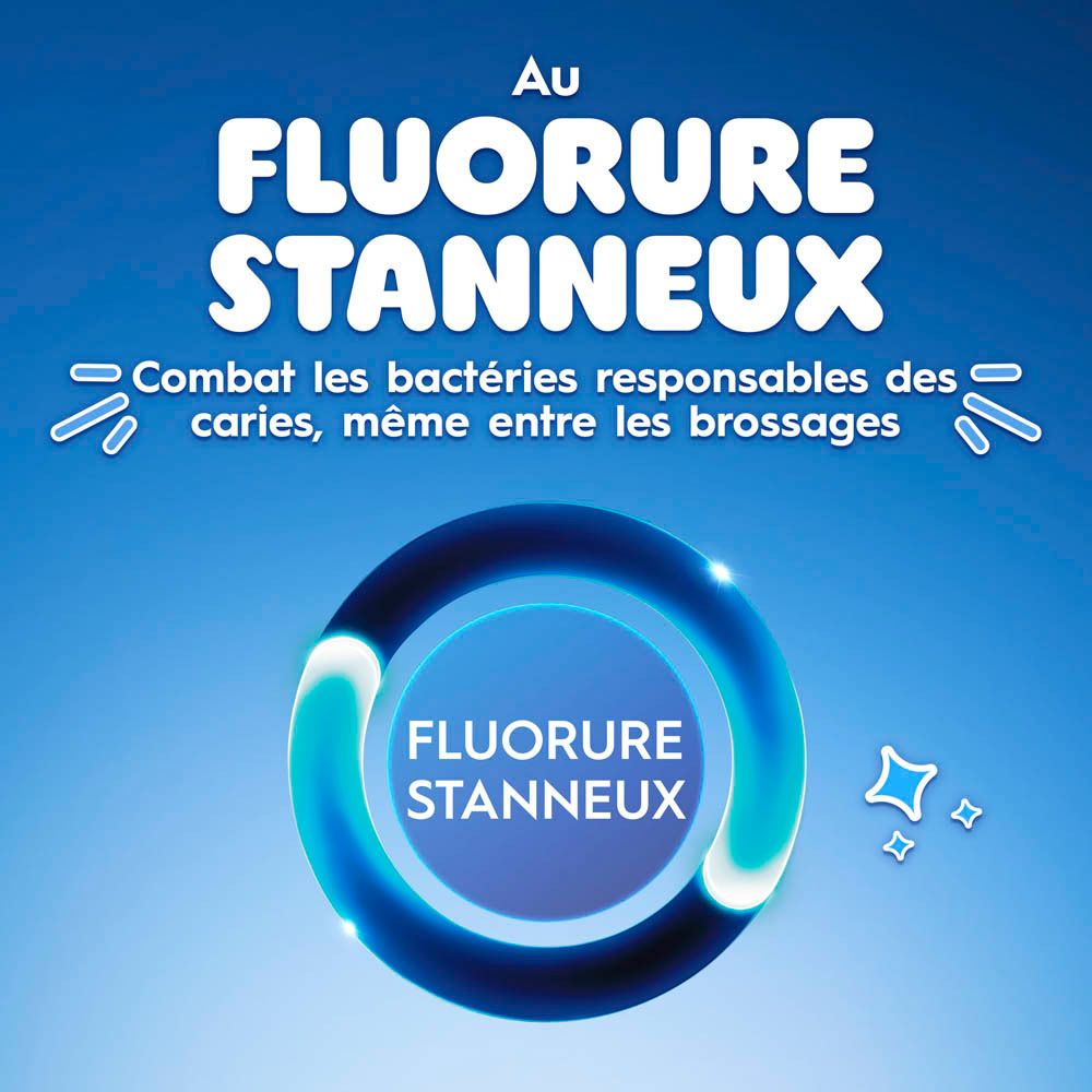 Fond bleu avec texte. Oral-B Junior, fluorure stanneux. Design Stitch.