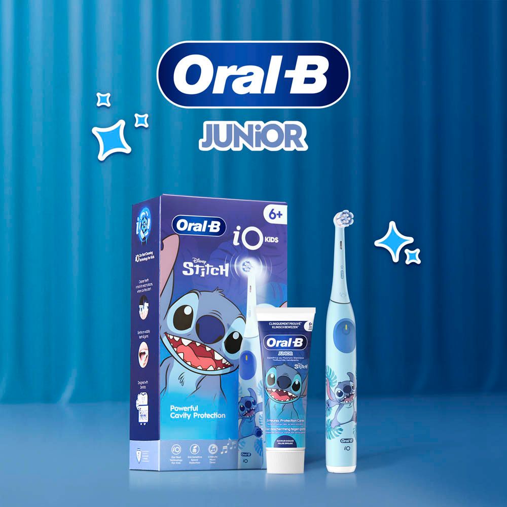 Ensemble de produits. Oral-B Junior, dentifrice et brosse à dents électrique. Design Stitch.