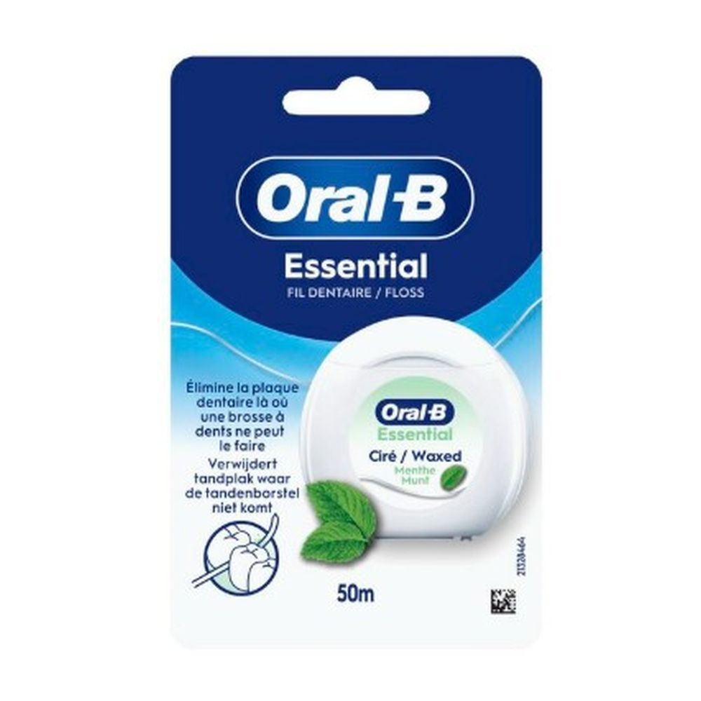 Distributeur de fil dentaire Oral-B Essential. Bobine blanche avec logo vert et illustration de feuille de menthe. Emballage bleu avec nom et texte.