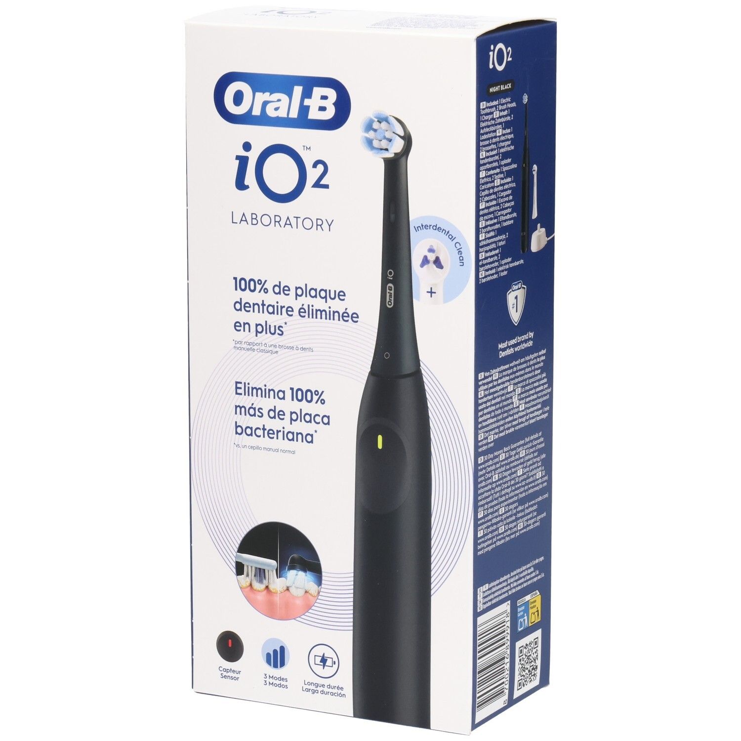 Brosse à dents électrique noire dans son emballage. Marque Oral-B iO2. Texte: 100% d'élimination de la plaque. Avec station de charge et 3 modes.