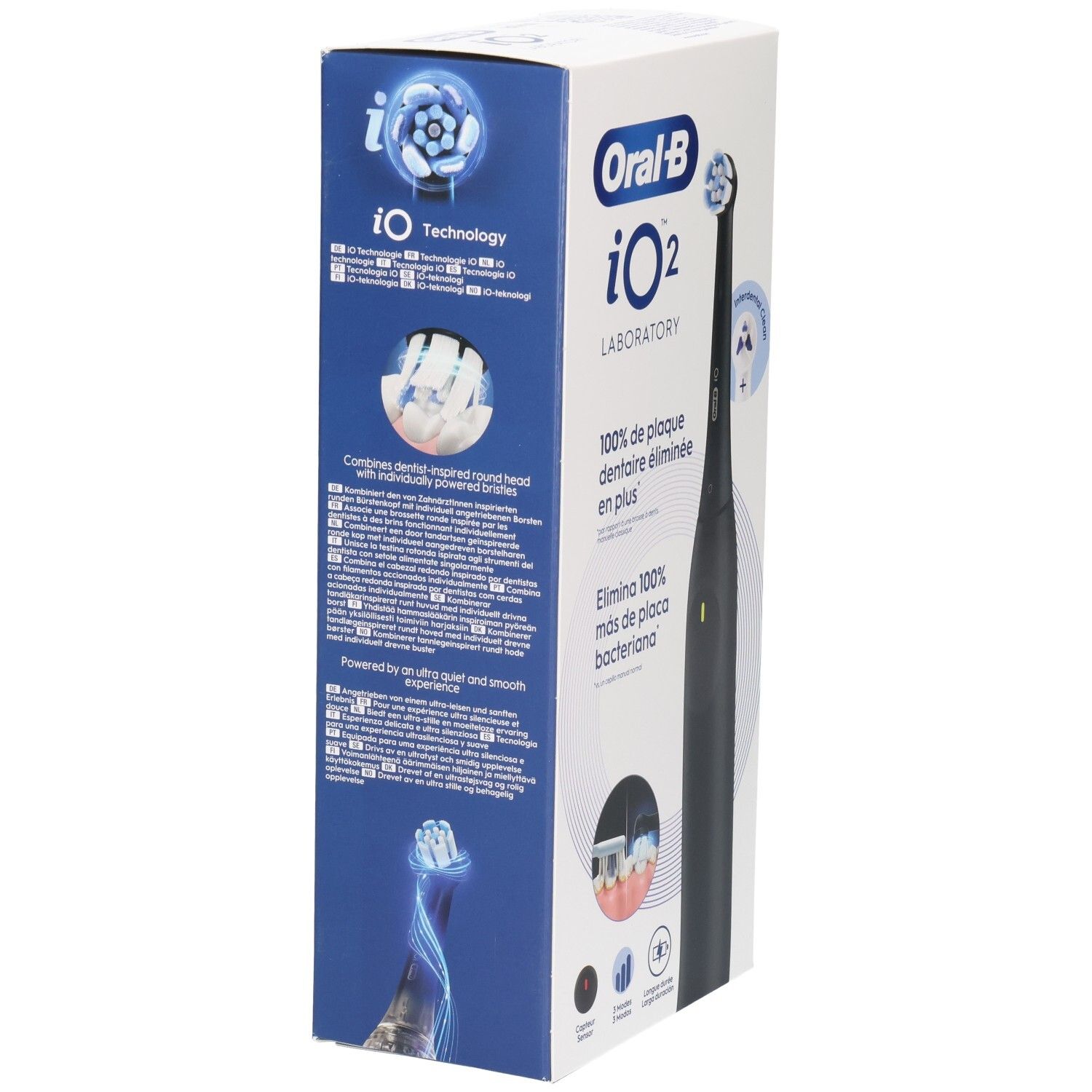 Emballage de la brosse à dents électrique noire. Marque Oral-B iO2. Texte: technologie iO. Avec illustrations des têtes de brosse et textes.