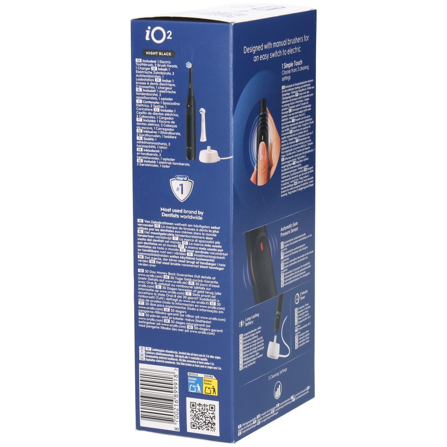 Emballage de la brosse à dents électrique noire. Marque Oral-B iO2. Texte: Night Black. Avec accessoires et illustrations. 3 modes de nettoyage.