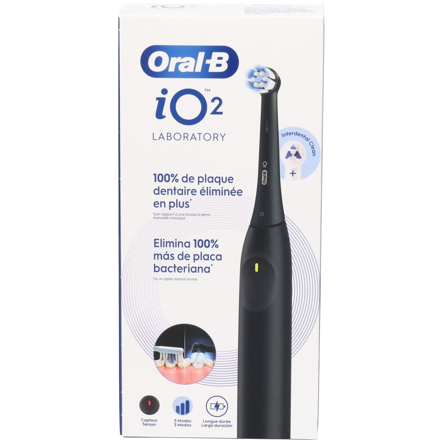 Brosse à dents électrique noire dans son emballage. Marque Oral-B iO2. Texte: 100% d'élimination de la plaque. Avec station de charge et 3 modes.