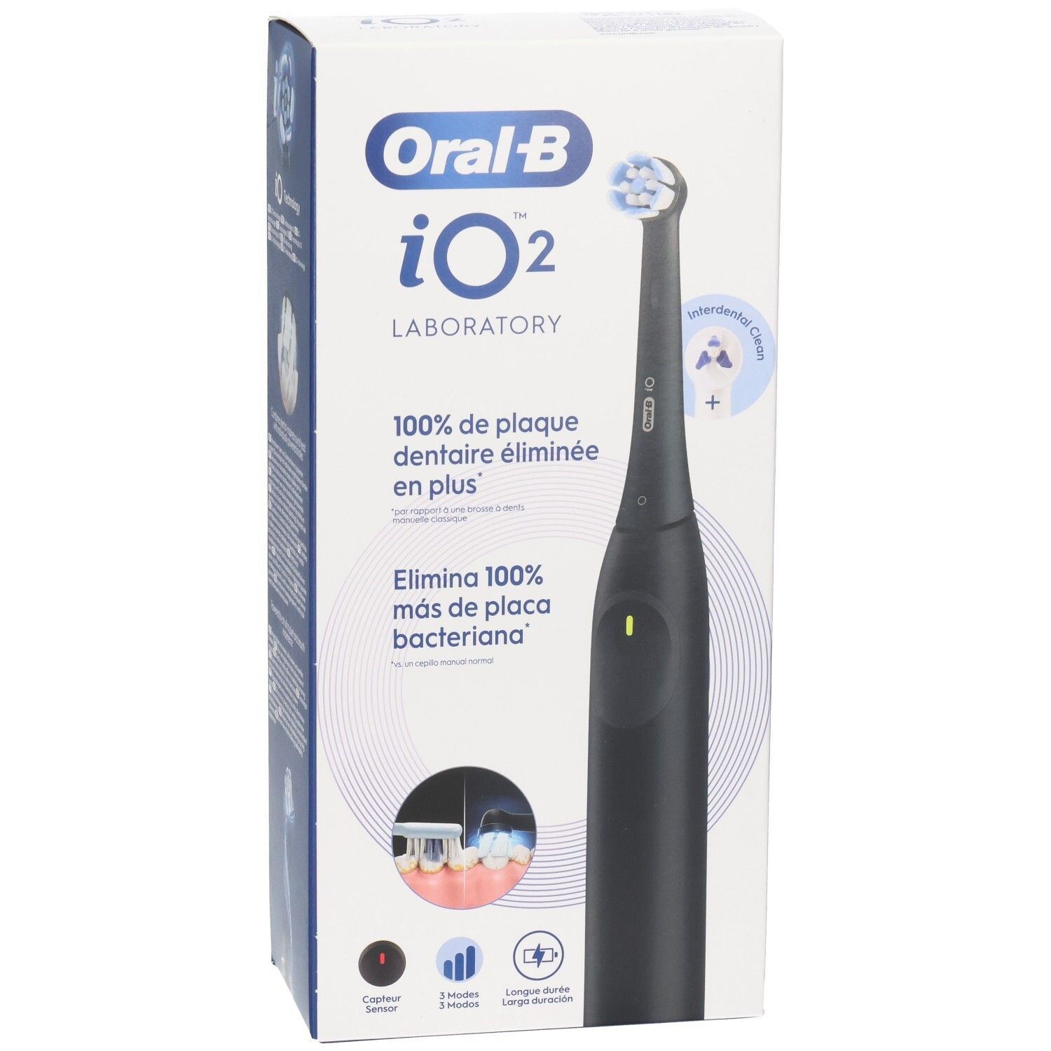 Brosse à dents électrique noire dans son emballage. Marque Oral-B iO2. Texte: 100% d'élimination de la plaque. Avec station de charge et 3 modes.