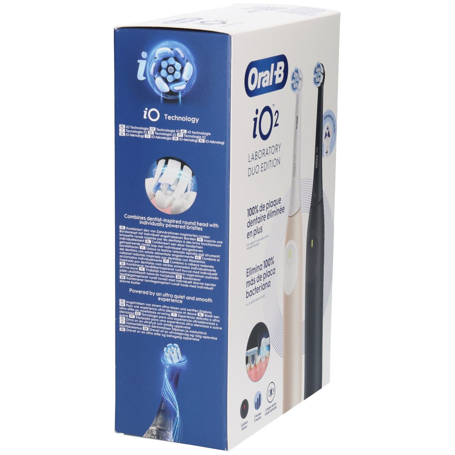 Côté de la boîte Oral-B iO2 Duo Edition. Technologie iO, tête de brosse, texte multilingue. Brosses à dents électriques.