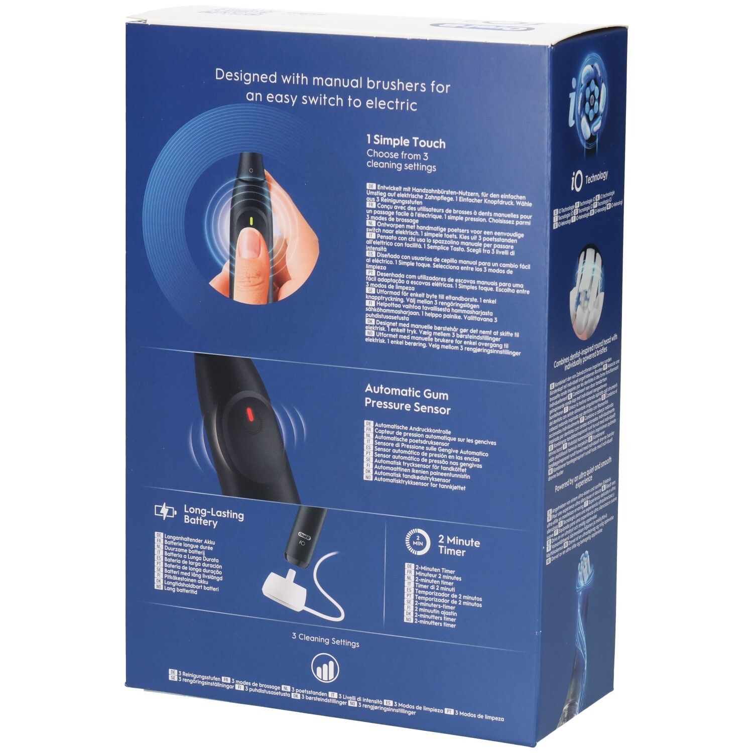 Dos de la boîte Oral-B iO2 Duo Edition. Illustrations et texte sur les fonctions : capteur de pression, minuterie, batterie.