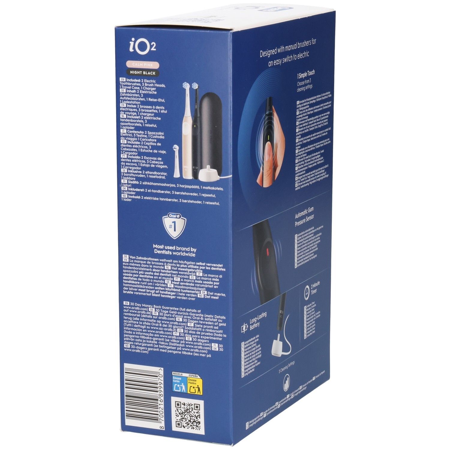 Côté de la boîte Oral-B iO2 Duo Edition. Nom du produit, accessoires, texte multilingue, code QR.