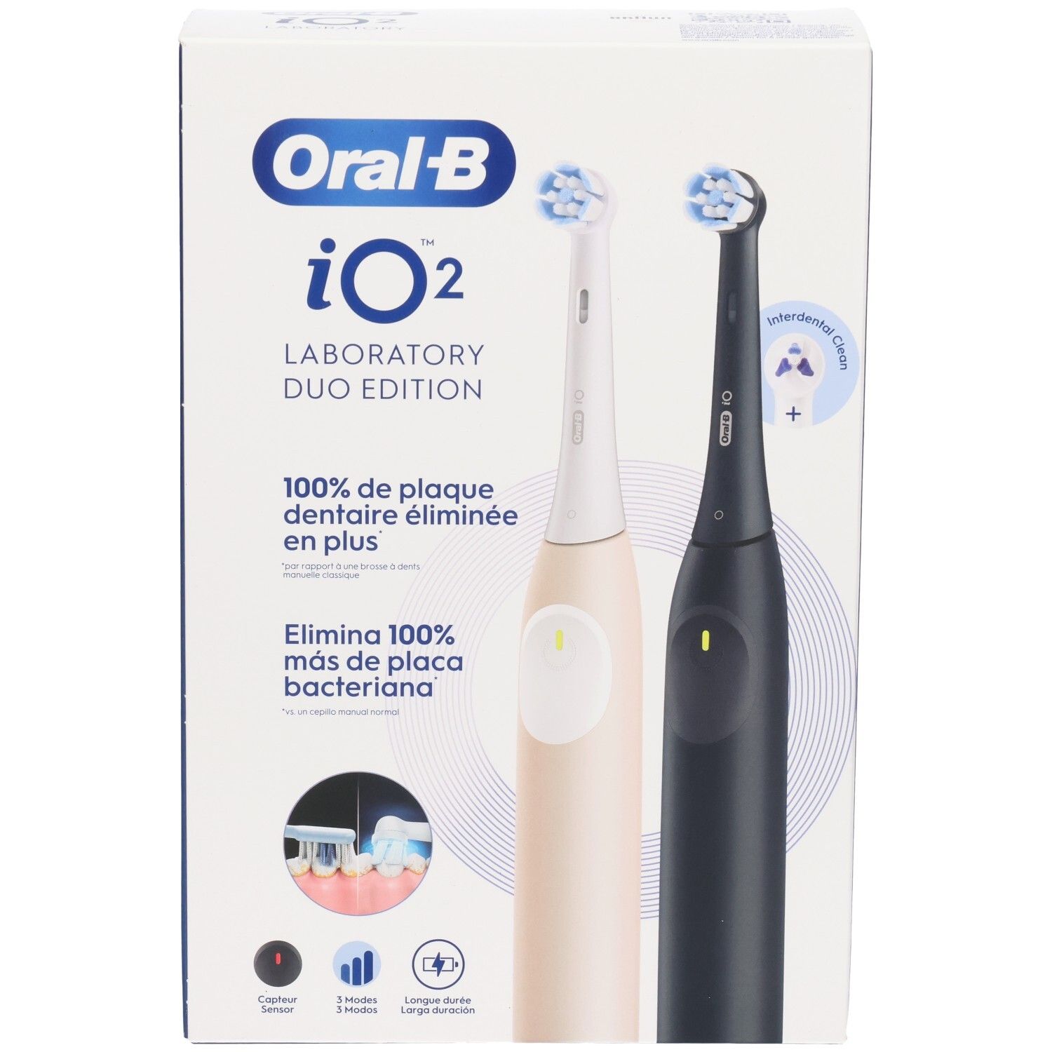 Boîte Oral-B iO2 Duo Edition. Deux brosses à dents électriques, beige et noire. Texte : 100% d'élimination de la plaque.
