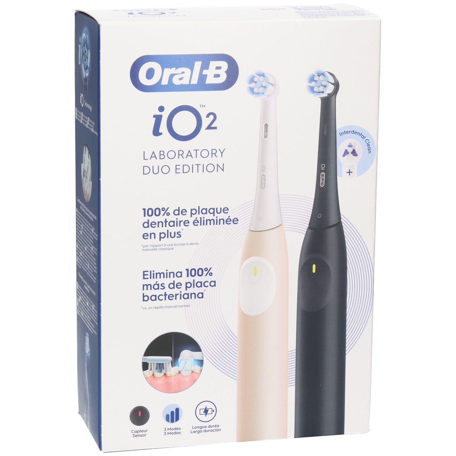 Boîte Oral-B iO2 Duo Edition. Deux brosses à dents électriques, beige et noire. Texte : 100% d'élimination de la plaque.