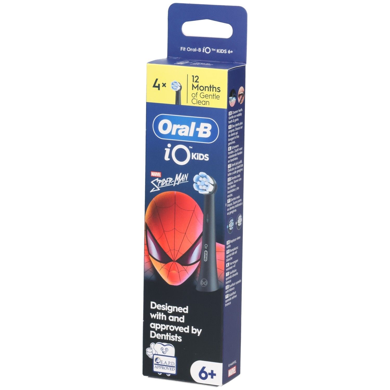 Paquet de brossettes Oral-B iO Kids Spiderman. Contient 4 pièces. Motif Spiderman et logo. Pour enfants de 6 ans et plus.