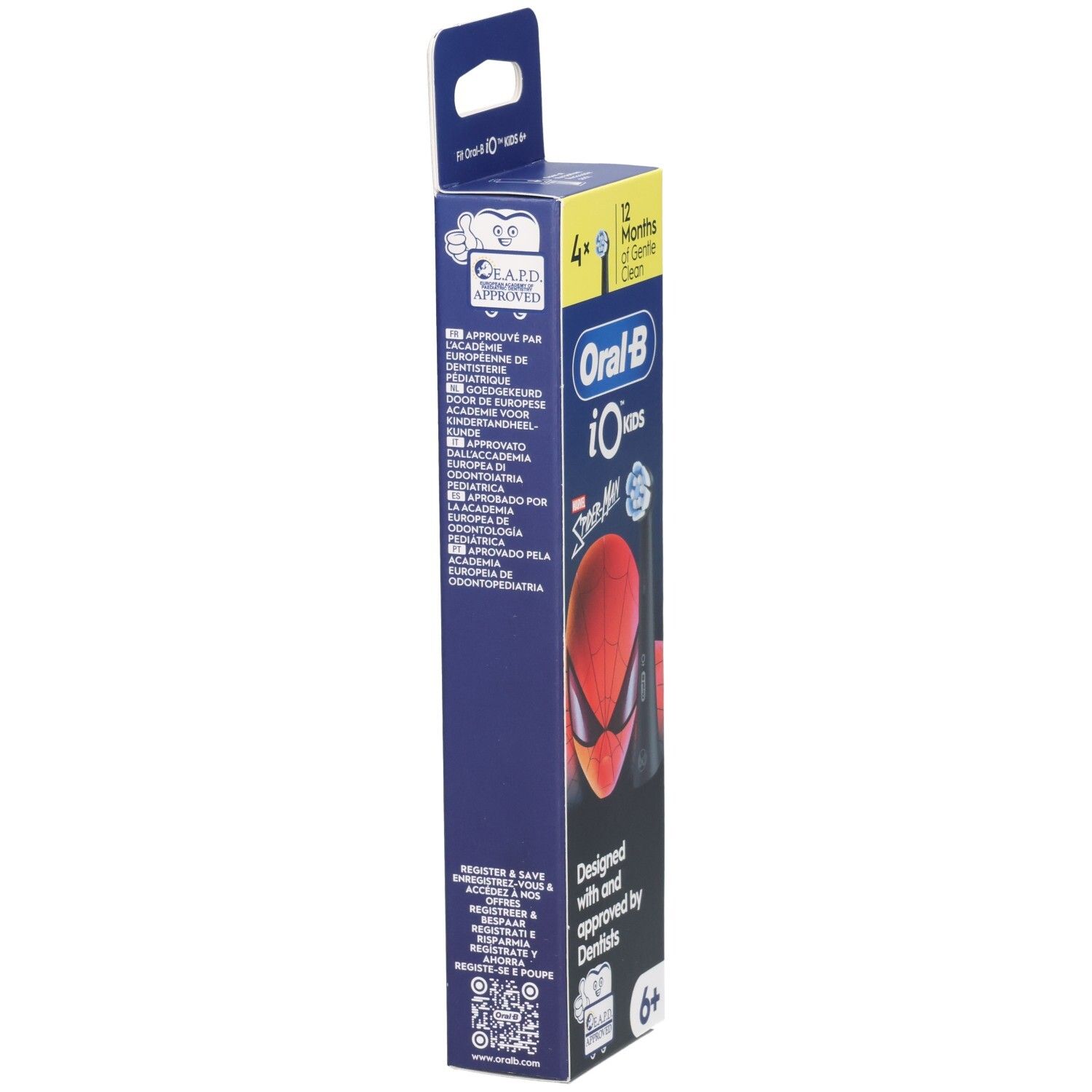 Vue latérale du paquet de brossettes Oral-B iO Kids Spiderman. Avec texte et logos. Contient des informations et un code QR.
