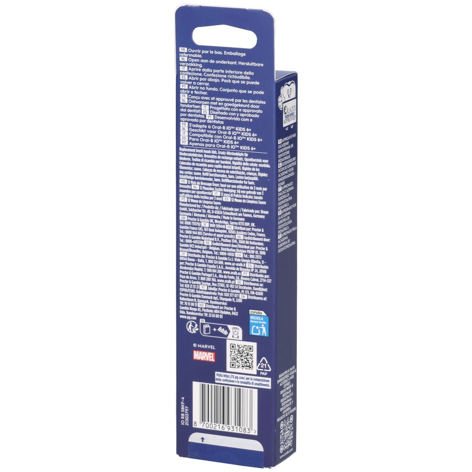 Dos du paquet de brossettes Oral-B iO Kids Spiderman. Avec texte en plusieurs langues et code QR.