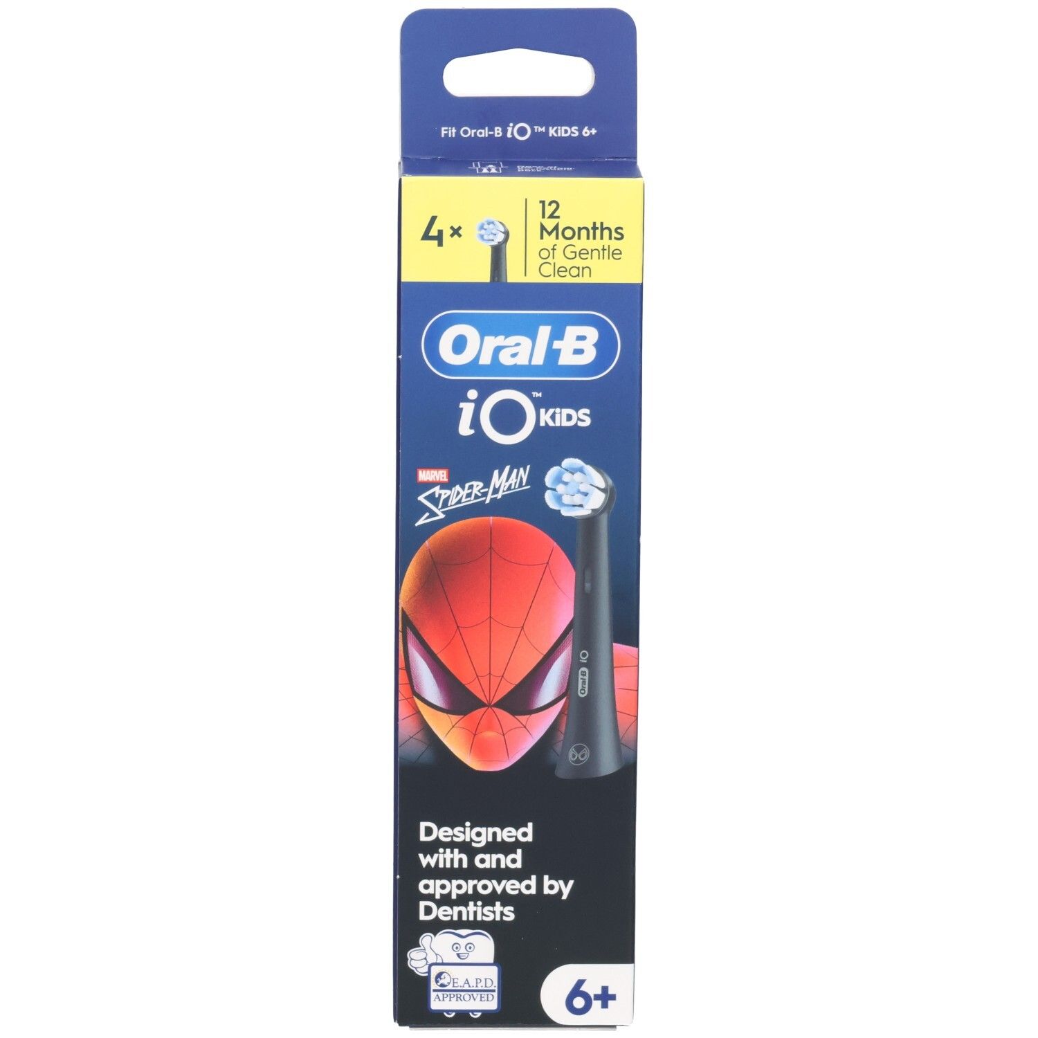 Paquet de brossettes Oral-B iO Kids Spiderman. Contient 4 pièces. Motif Spiderman et logo. Pour enfants de 6 ans et plus.