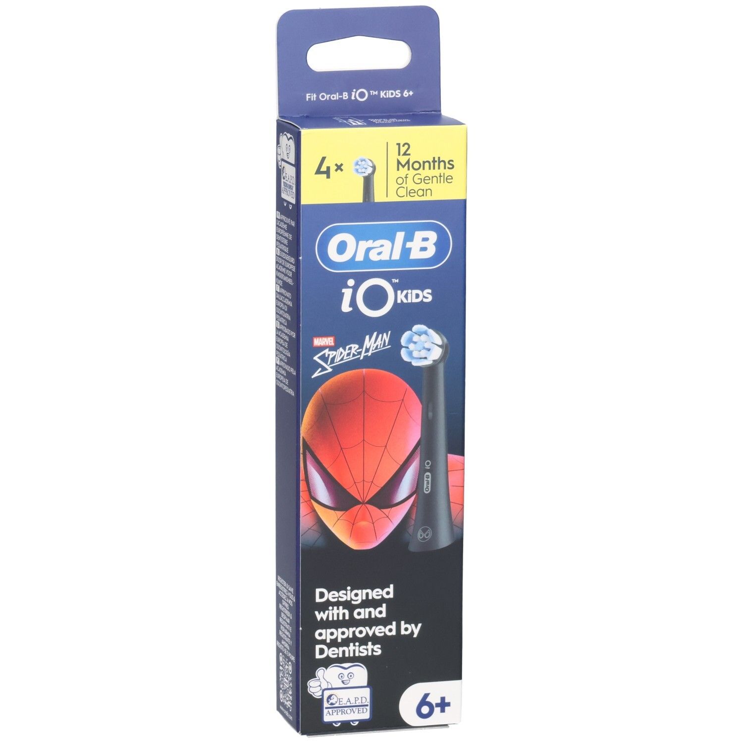 Paquet de brossettes Oral-B iO Kids Spiderman. Contient 4 pièces. Motif Spiderman et logo. Pour enfants de 6 ans et plus.
