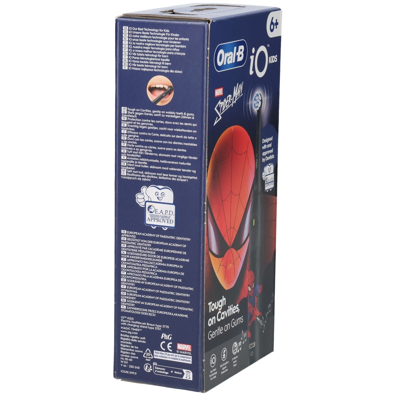 Vue latérale de l'emballage de la brosse à dents Oral-B iO Kids Spider-Man. Contient du texte et des logos.