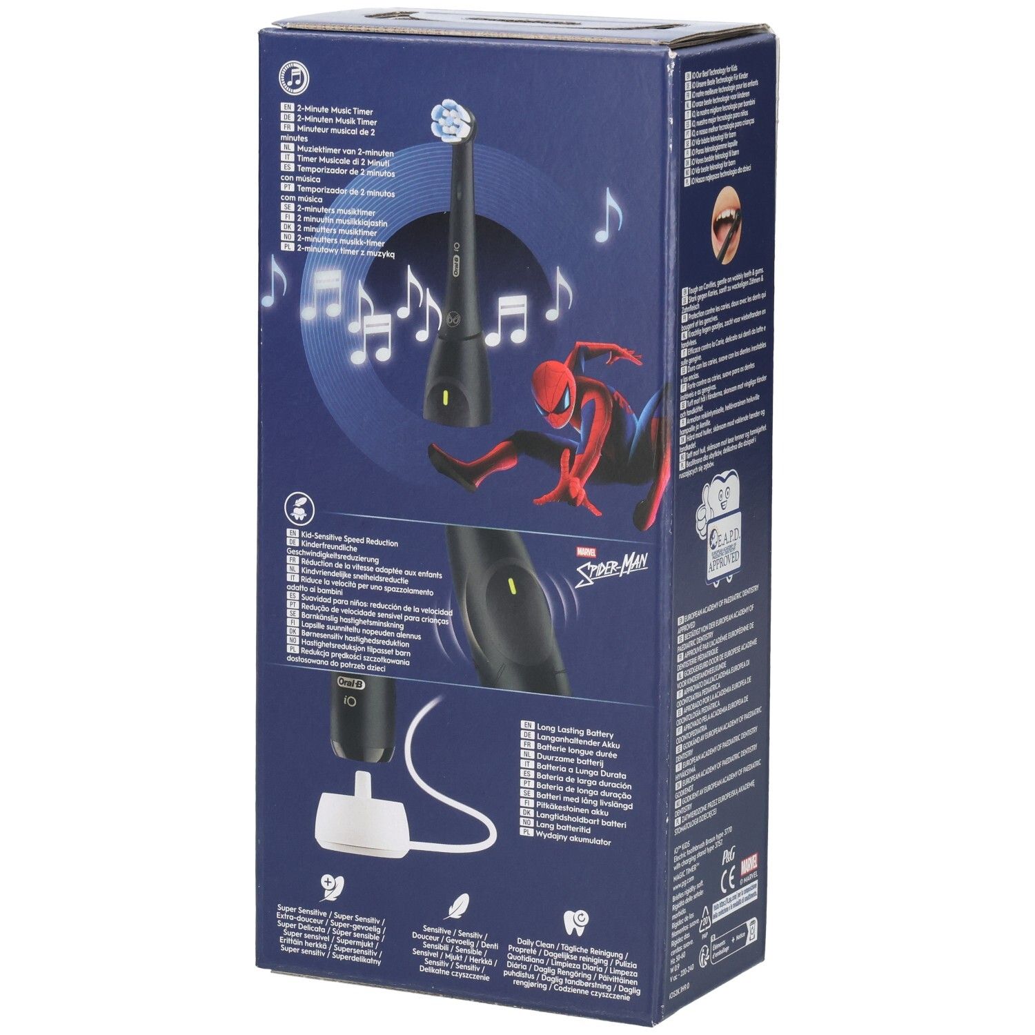 Dos de l'emballage de la brosse à dents Oral-B iO Kids Spider-Man. Montre brosse, accessoires de charge et texte.