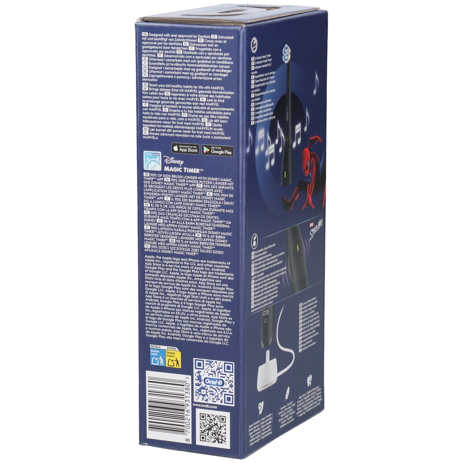 Vue latérale de l'emballage de la brosse à dents Oral-B iO Kids Spider-Man. Contient texte, logos et code QR.