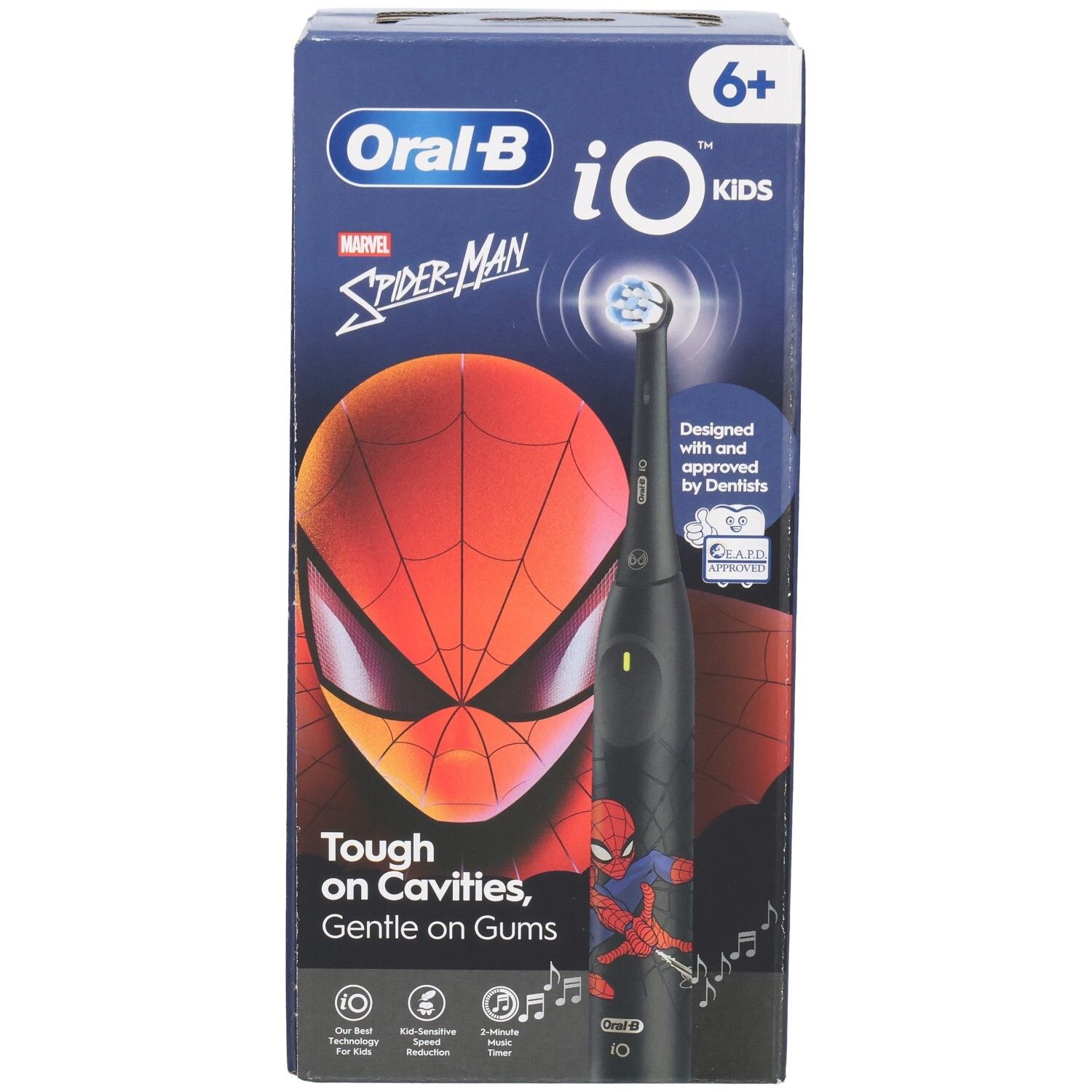 Vue de face de l'emballage de la brosse à dents Oral-B iO Kids Spider-Man. Montre brosse, design Spider-Man et texte.