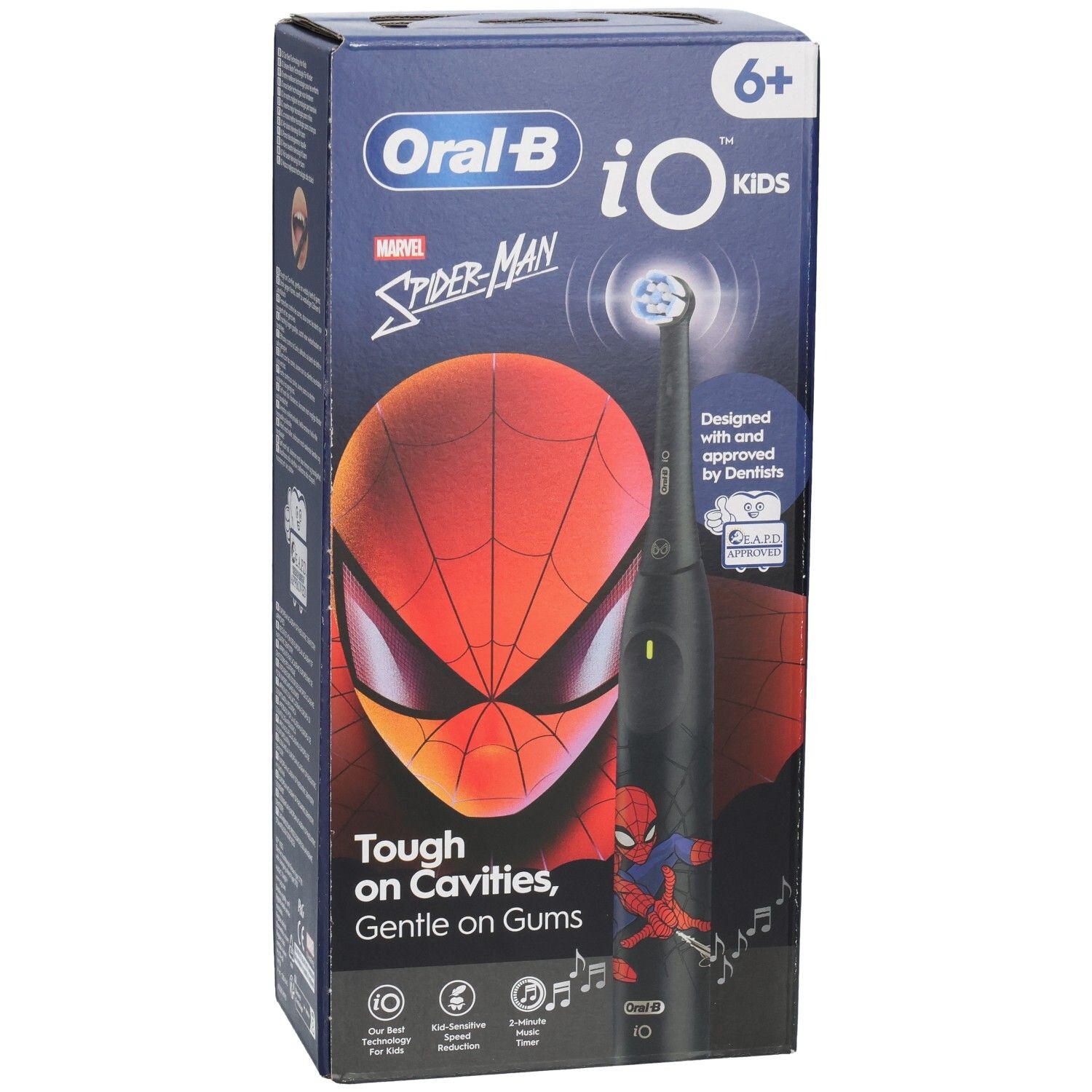 Vue de face de l'emballage de la brosse à dents Oral-B iO Kids Spider-Man. Montre brosse, design Spider-Man et texte.