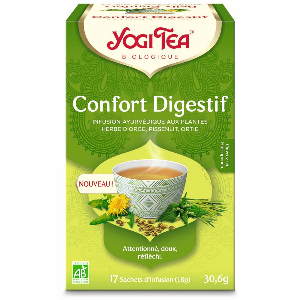 Boîte verte Yogi Tea Confort Digestif. 17 sachets de thé. Inscription: infusion ayurvédique. Label AB.