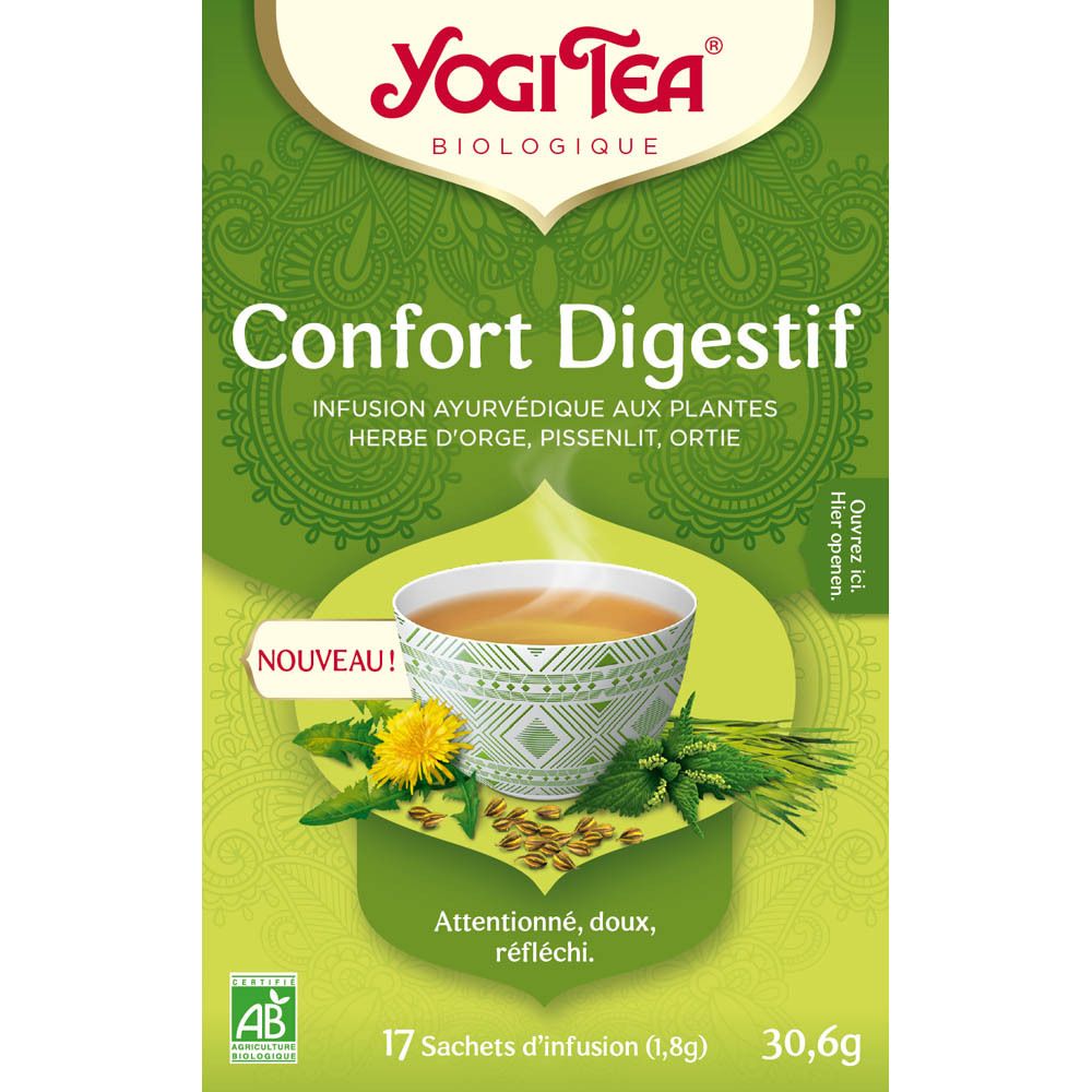 Boîte verte Yogi Tea Confort Digestif. 17 sachets de thé. Inscription: infusion ayurvédique. Label AB.