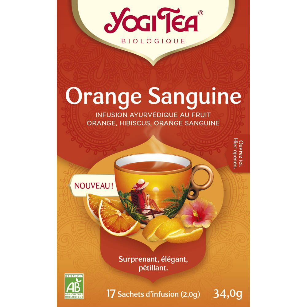 Boîte de thé Yogi. Inscription : Orange Sanguine, 17 sachets, label bio. Image d'une tasse de thé avec des oranges.