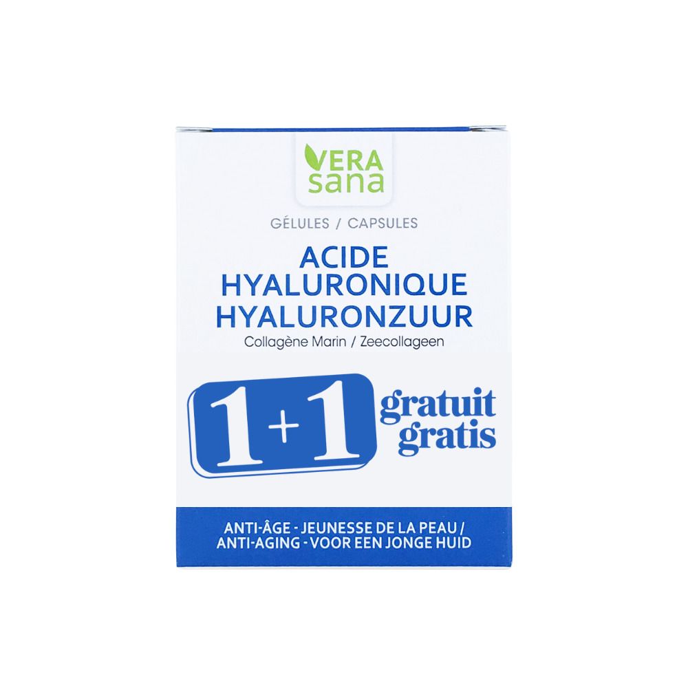 Boîte 'Acide Hyaluronique' et '1+1 gratuit'. Marque: Vera Sana.