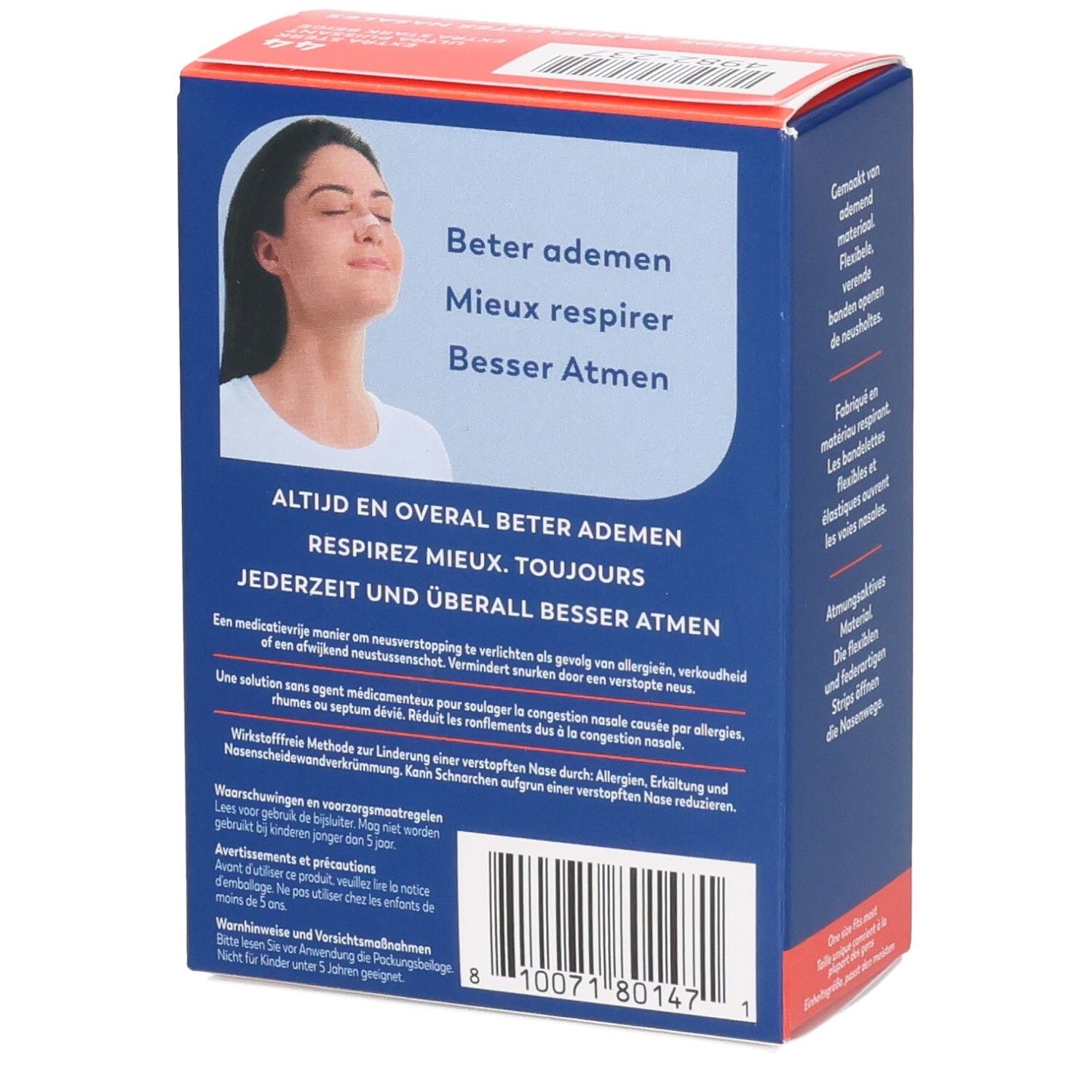 Dos de la boîte Breathe Right avec femme respirant profondément. Informations d'utilisation.