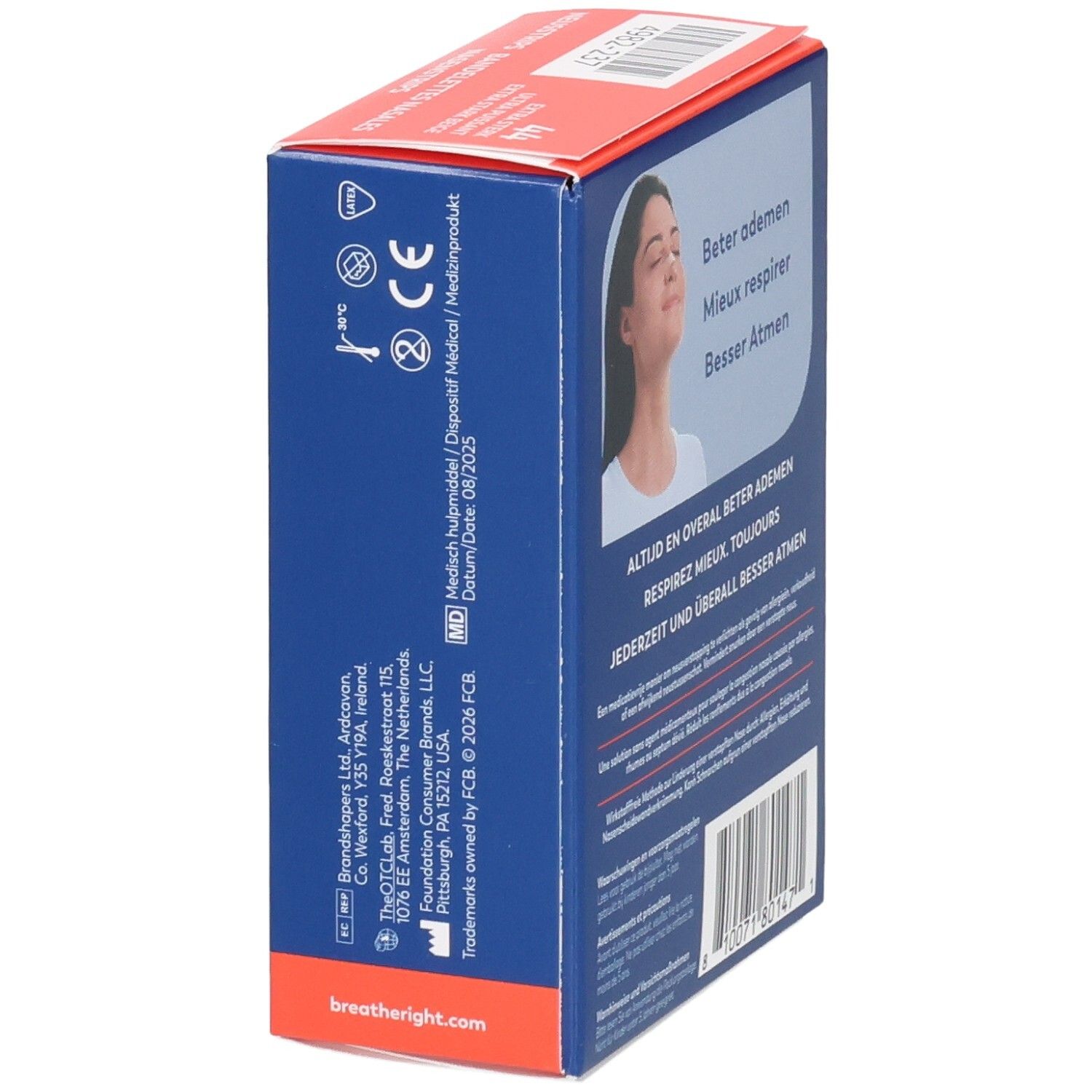 Côté de la boîte Breathe Right avec marquage CE et symbole d'appareil médical.
