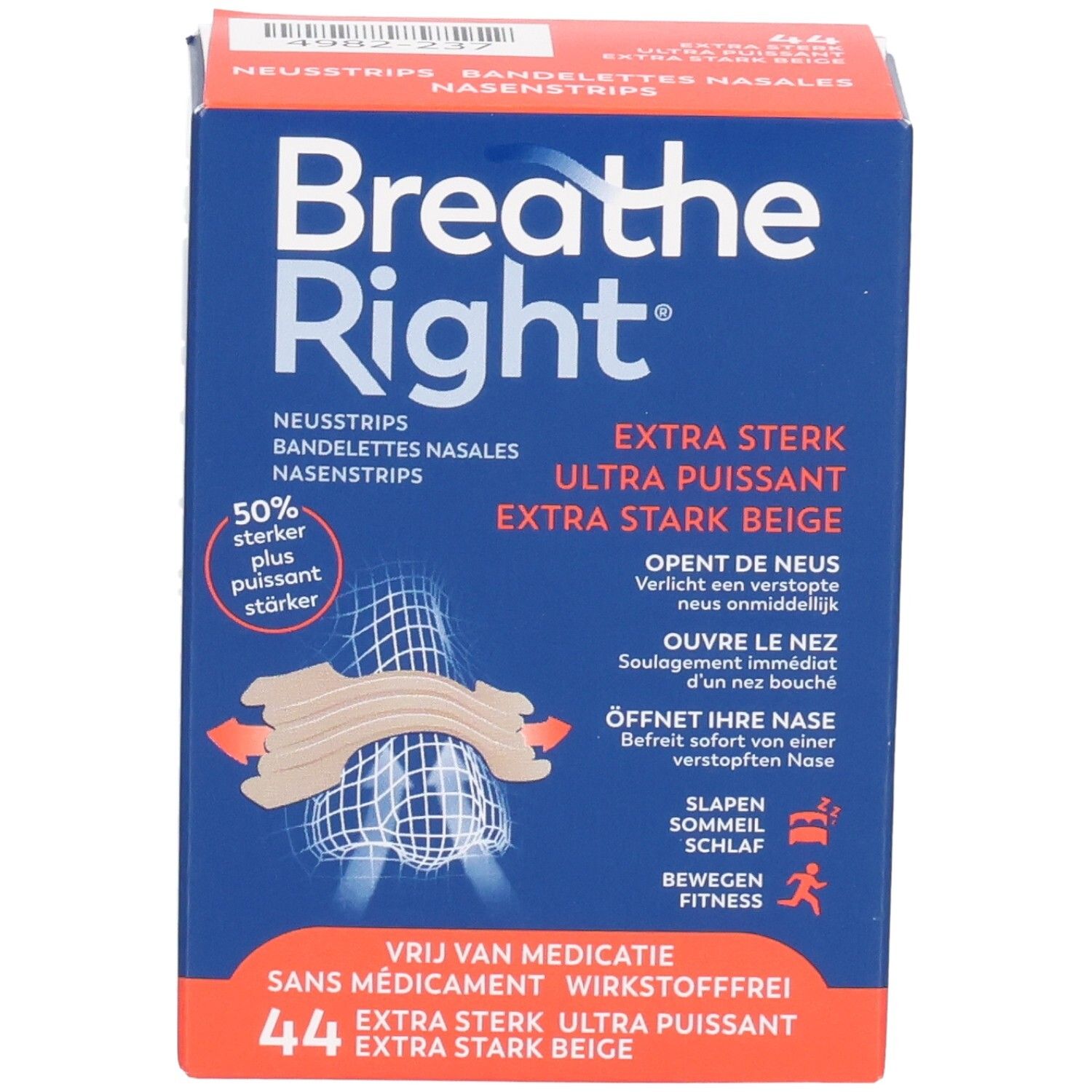 Breathe Right Extra Puissant Bandelettes nasales, boîte de 44. Beige, sans latex.