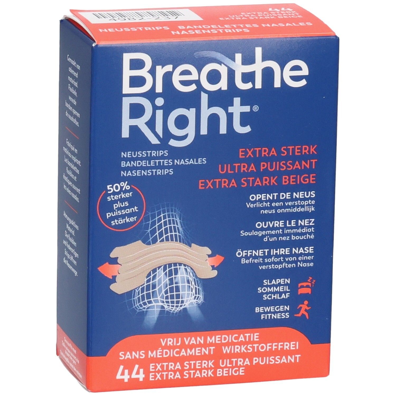 Breathe Right Extra Puissant Bandelettes nasales, boîte de 44. Beige, sans latex.