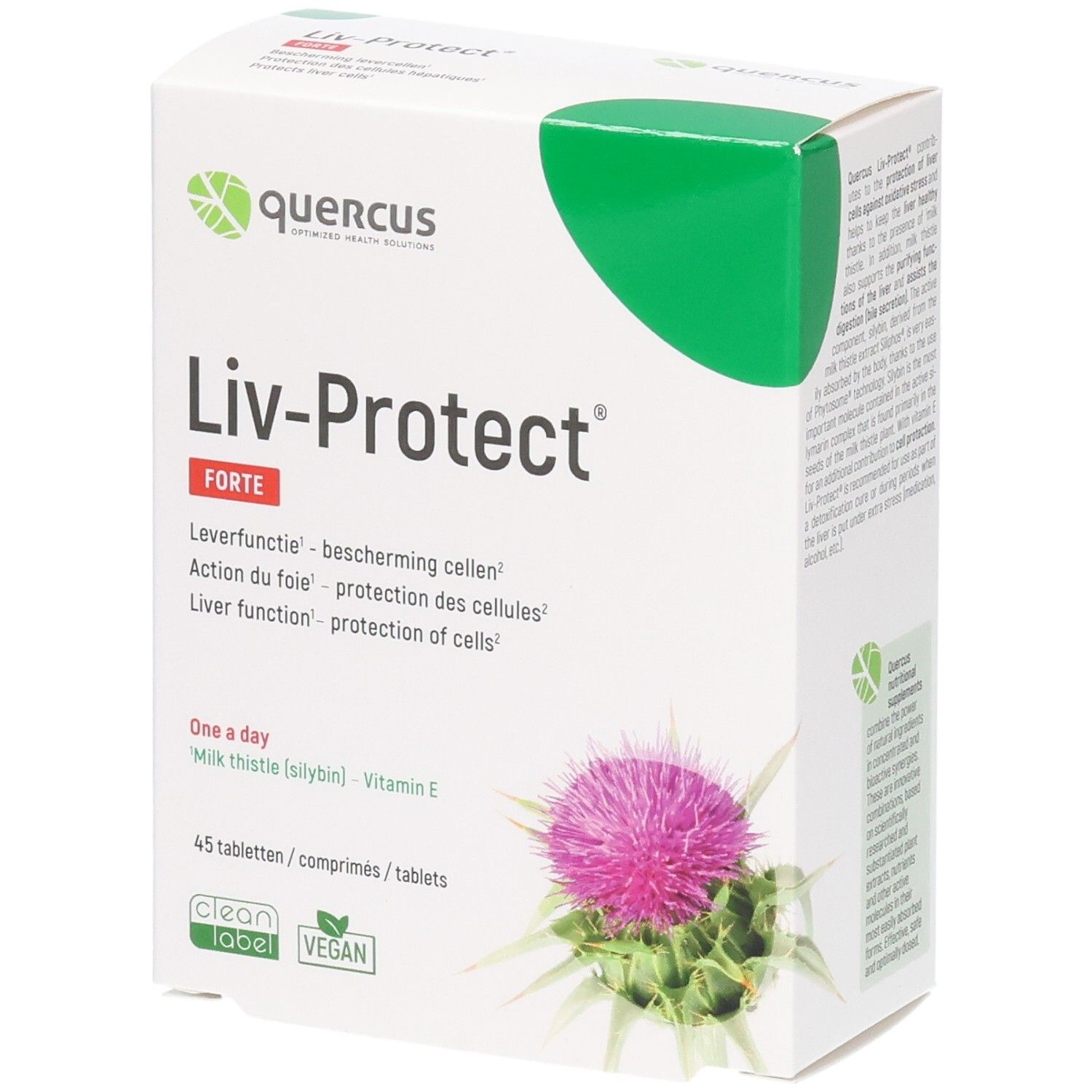 Boîte Quercus Liv-Protect Forte. Carton blanc avec couvercle vert. Nom du produit et ingrédients imprimés. Illustration d'une fleur de chardon.