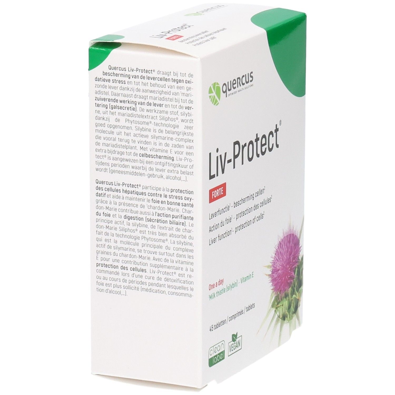 Boîte Quercus Liv-Protect Forte, vue latérale. Carton blanc avec couvercle vert. Texte en plusieurs langues. Illustration d'une fleur de chardon.