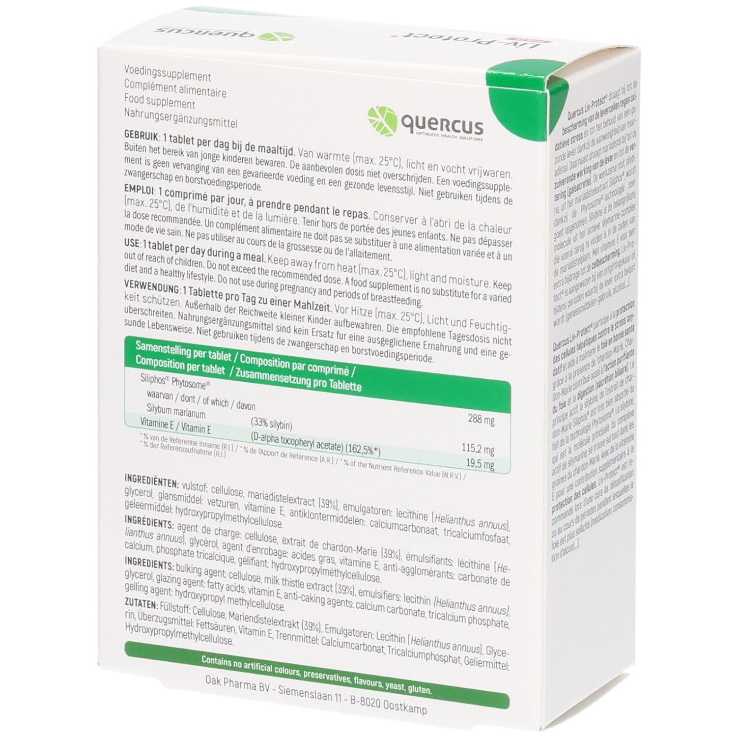 Dos de la boîte Quercus Liv-Protect Forte. Contient des informations sur les ingrédients et le dosage. Texte en plusieurs langues.