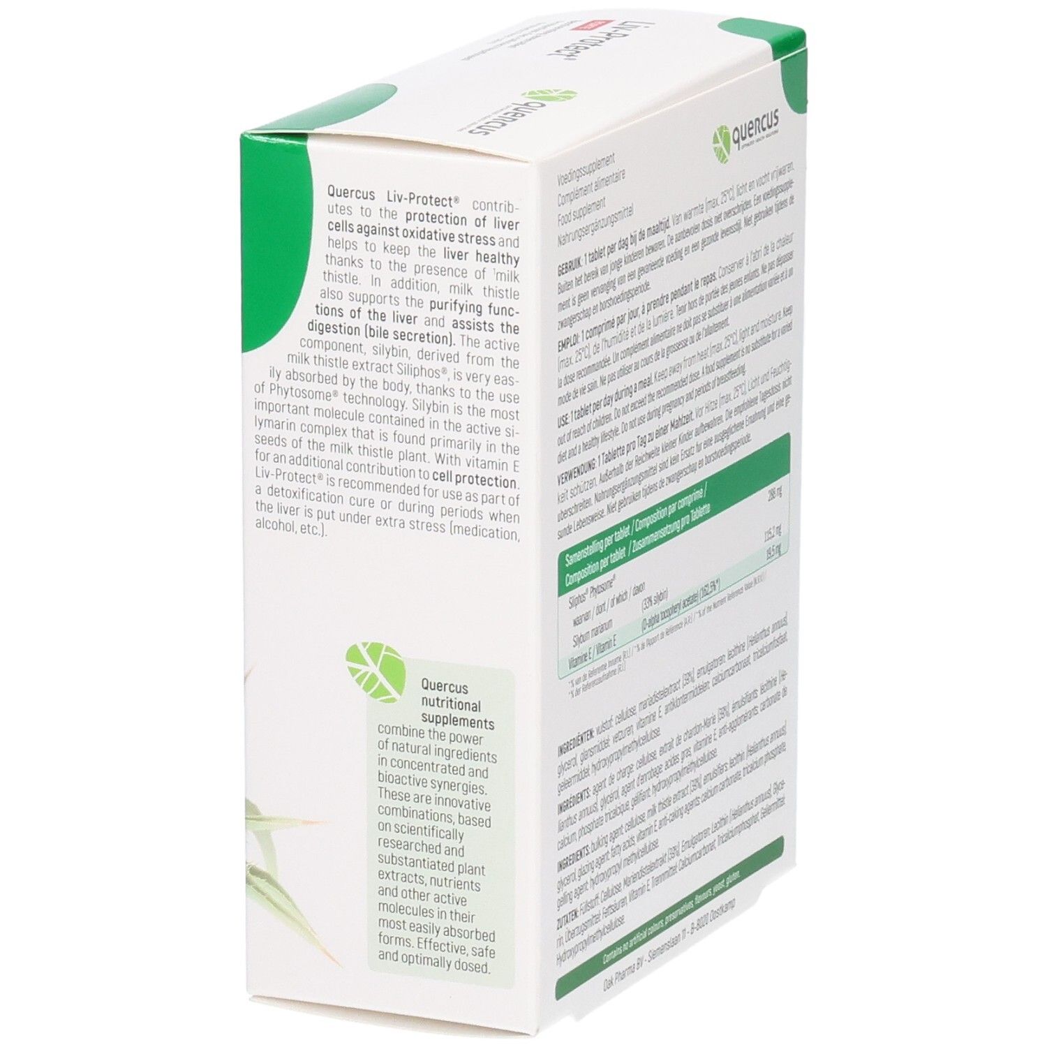 Vue latérale de la boîte Quercus Liv-Protect Forte. Texte en plusieurs langues. Contient des informations sur les ingrédients.