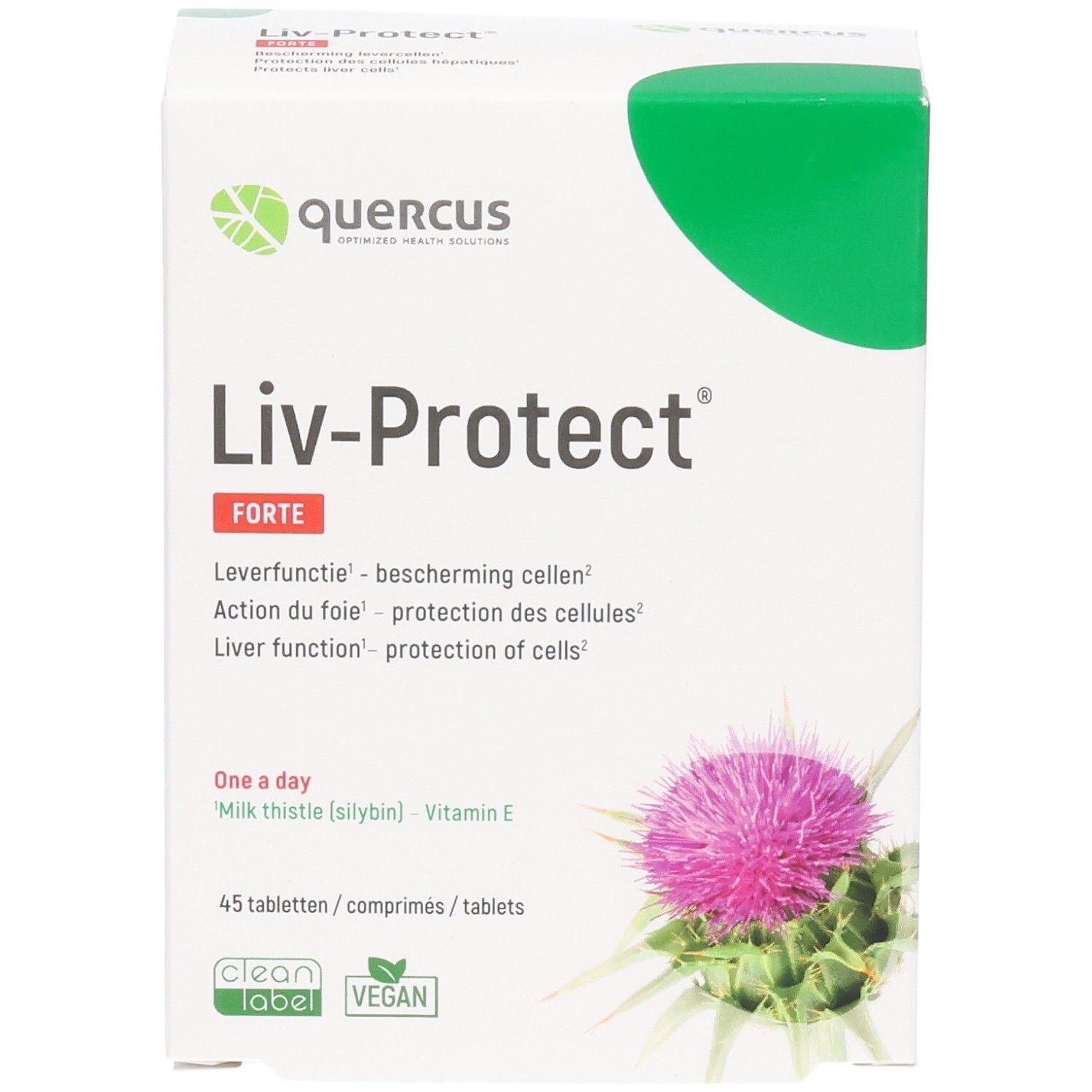 Boîte Quercus Liv-Protect Forte. Carton blanc avec couvercle vert. Nom du produit et ingrédients imprimés. Illustration d'une fleur de chardon.