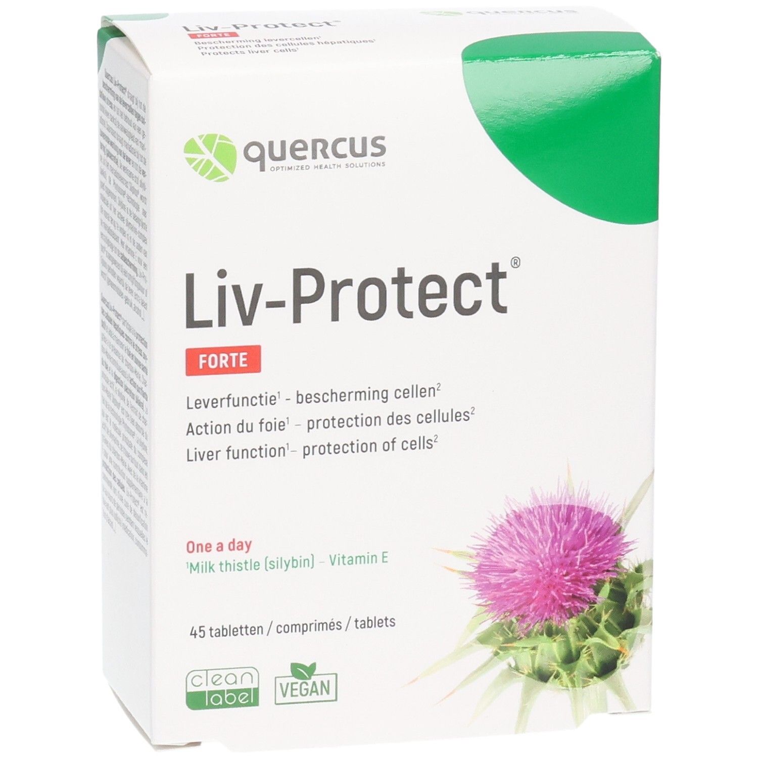 Boîte Quercus Liv-Protect Forte. Carton blanc avec couvercle vert. Nom du produit et ingrédients imprimés. Illustration d'une fleur de chardon.