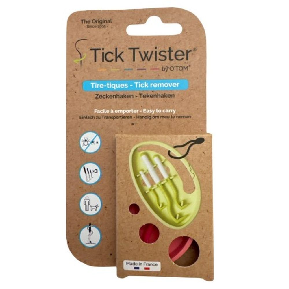 Set Tick Twister® avec 3 tailles de crochets pour tiques dans son emballage. Comprend des crochets et une boucle rouge.